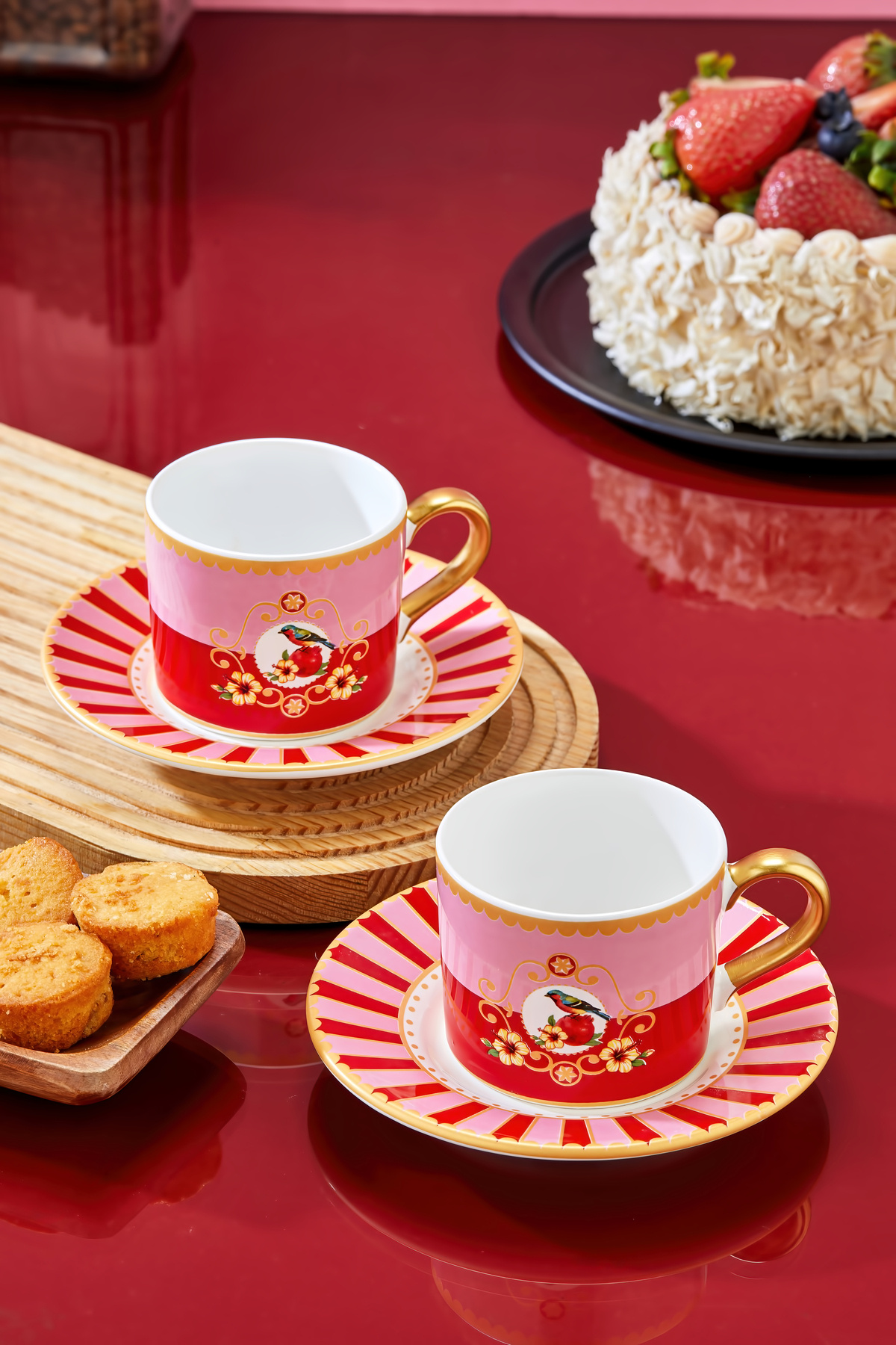 Carmen Soft 2 Kişilik Piano Pink Bird Double Kahve Fincan Takımı