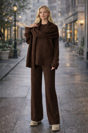 OYERGA MODA Kadın Kazak Pantolon Şal Hediyeli 3 lü Alt Üst Takım