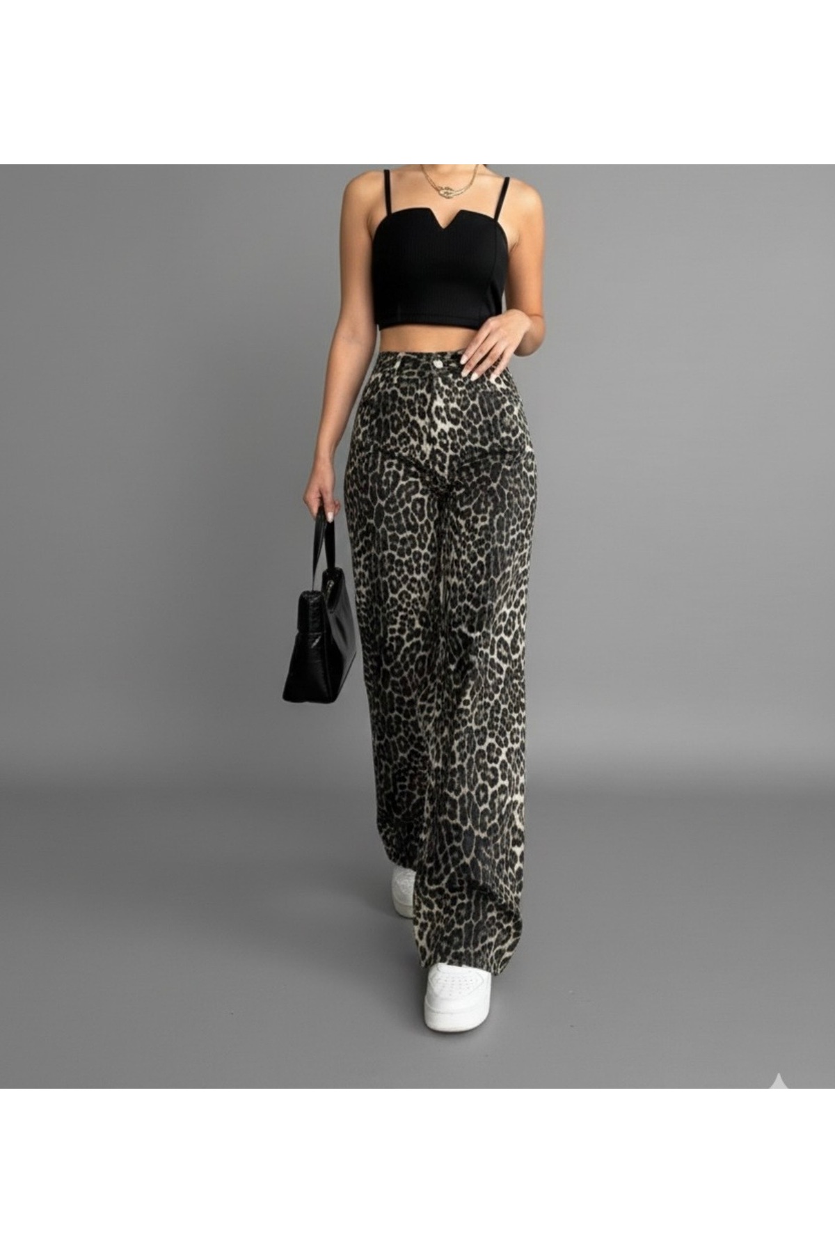 Velista Pantaloni crep cu picioare largi pentru femei talie înaltă imprimeu leopard