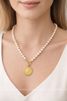 PS PAMİRA STORM ALTIN TAKILABİLEN ORİJİNAL İNCİ ÇEYREKLİ KOLYE TAM ALTIN KOLY...