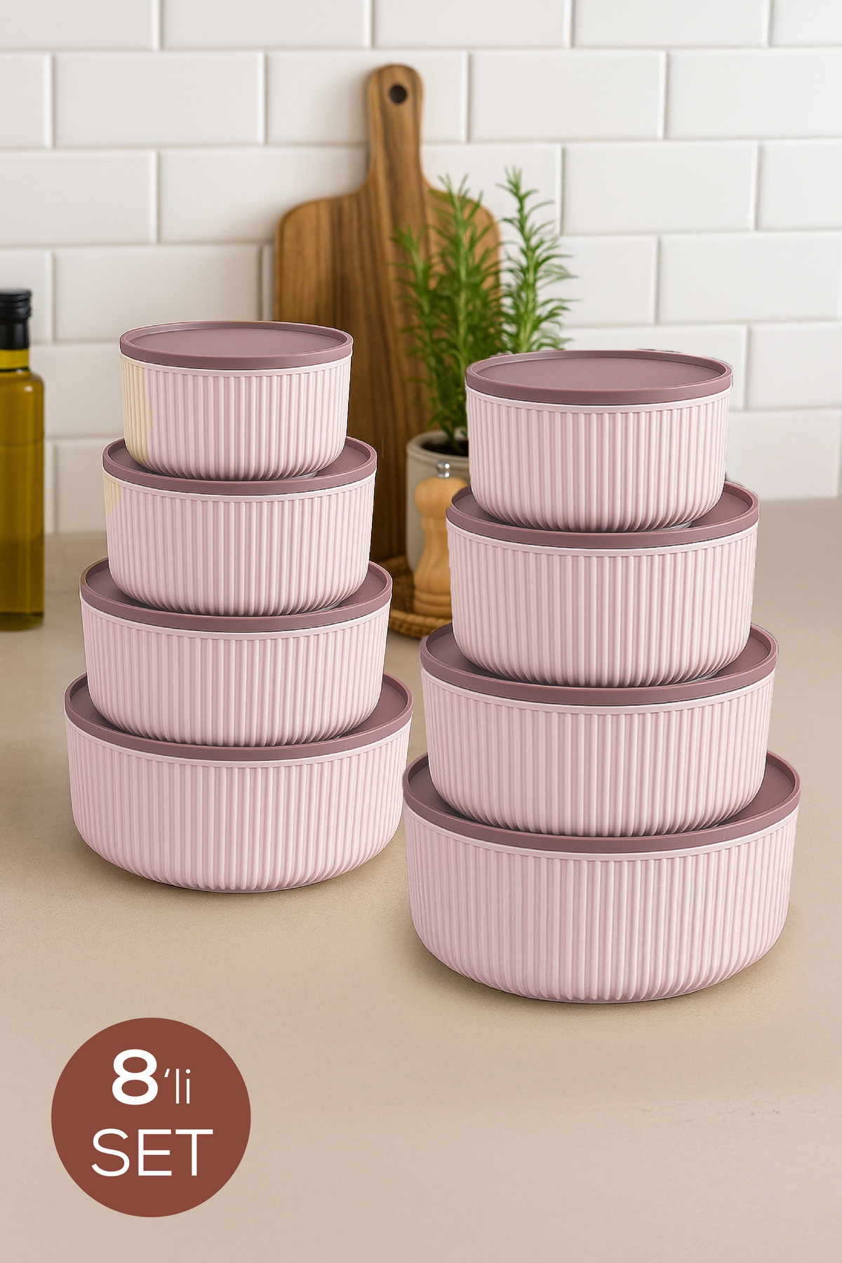Vienev Комплект от 8 кръгли съда за съхранение, розови на райета | 2,5 1,5 0,...