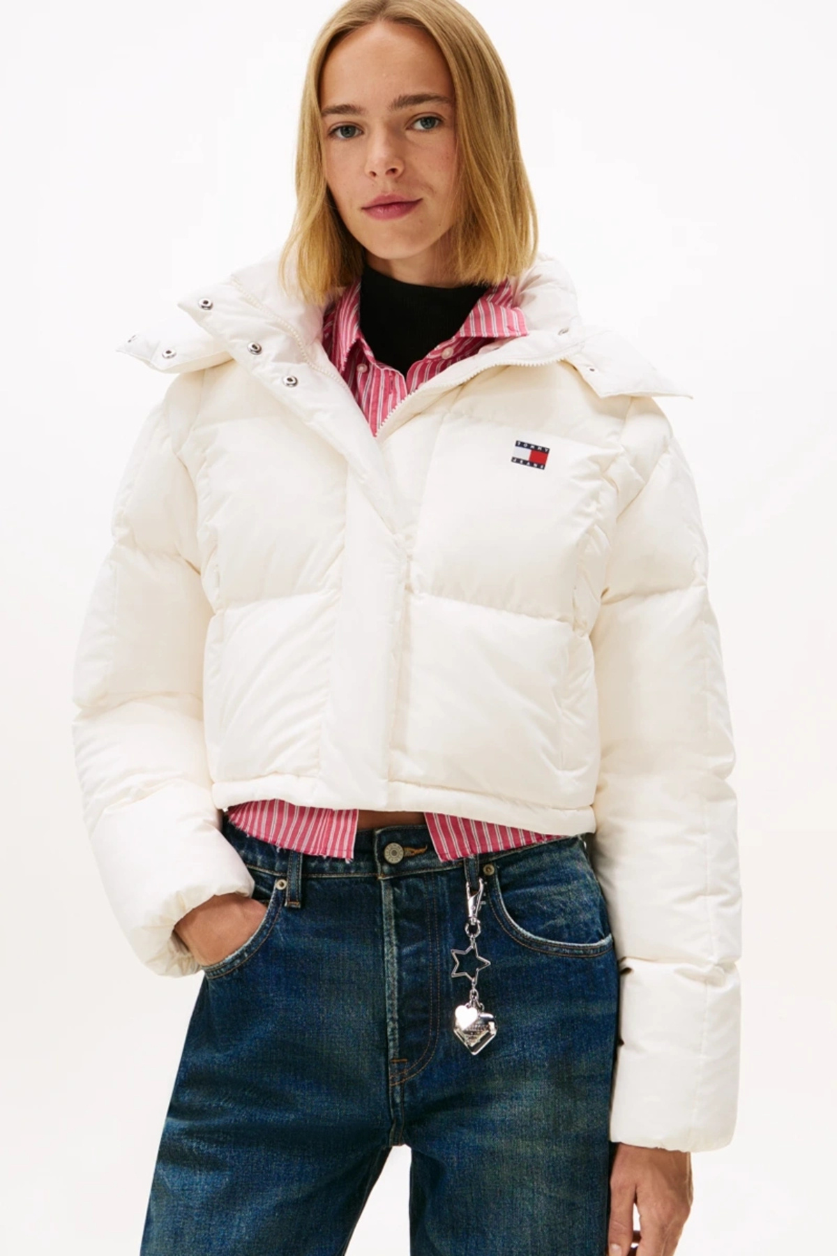 Tommy Hilfiger TJW Alaska Grid Kısa Kuş Tüyü Kadın Beyaz Mont DW0DW21624YBH