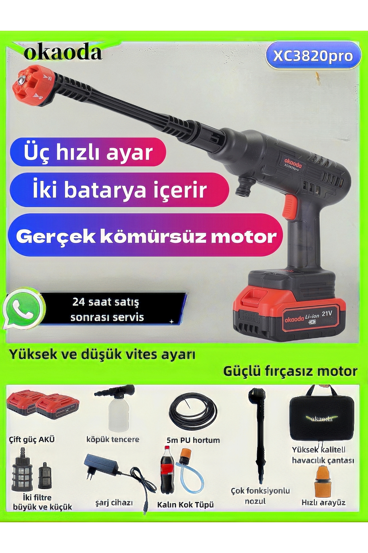 okaoda En Güçlü 3 Vitesli Ayar, Kömürsüz Oto Araba Bahçe Klima Halı Şarjlı Yüksek Basınç Yikama Makinesi