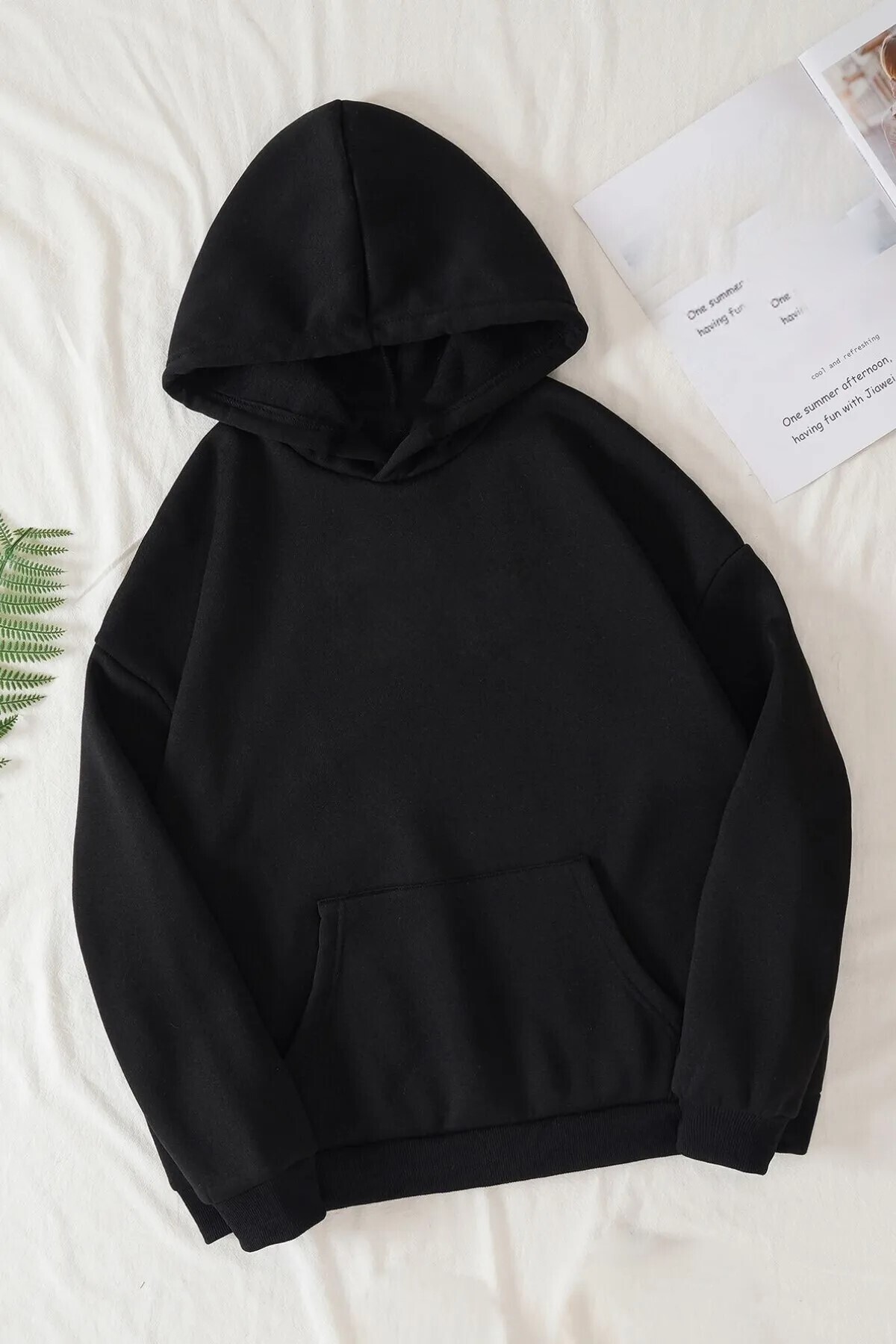 Rokeby Unisex Siyah Kanguru Cepli Kapüşonlu Basic Düz Sweatshirt Hoodie