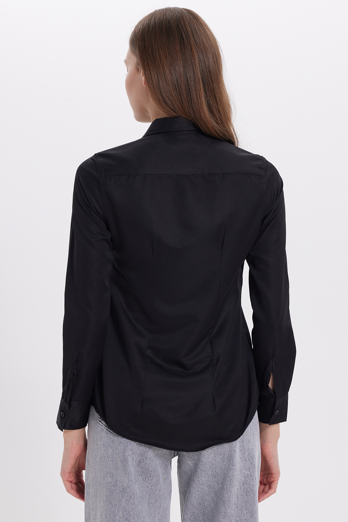 Tudors  Kadın Slim Fit Dar Kesim Vücuda Oturan Uzun Kollu Siyah Basic Gömlek - Görsel 7