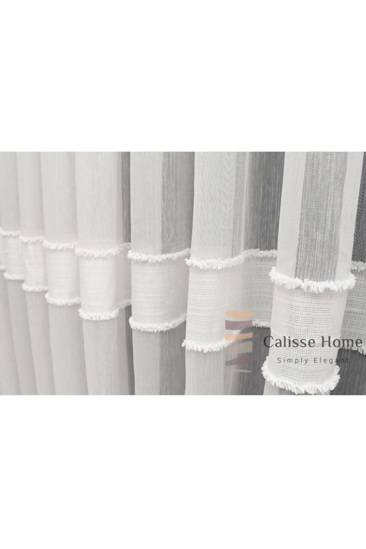Calisse Home Ekru bambu eteği kesmeli şeritli püsküllü tül perde Gramajlı 1/3 Sık Pileli fotoğrafı 2 (önizleme)