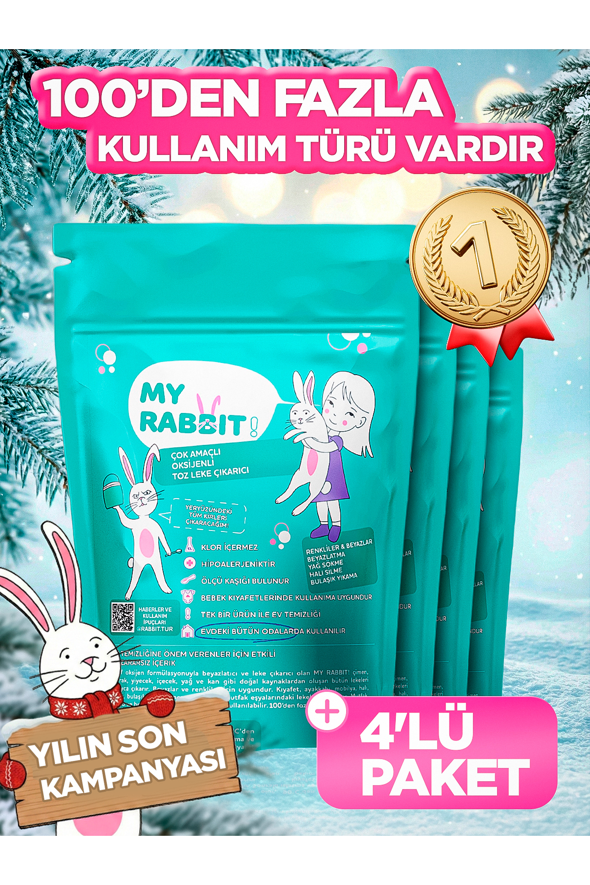 My Rabbit! Çamaşır Ve Yüzey Için Çok Amaçlı Oksijenli Toz Leke Çıkarıcı ve beyazlatıcı 4'lü Paket 4 X 800 gr