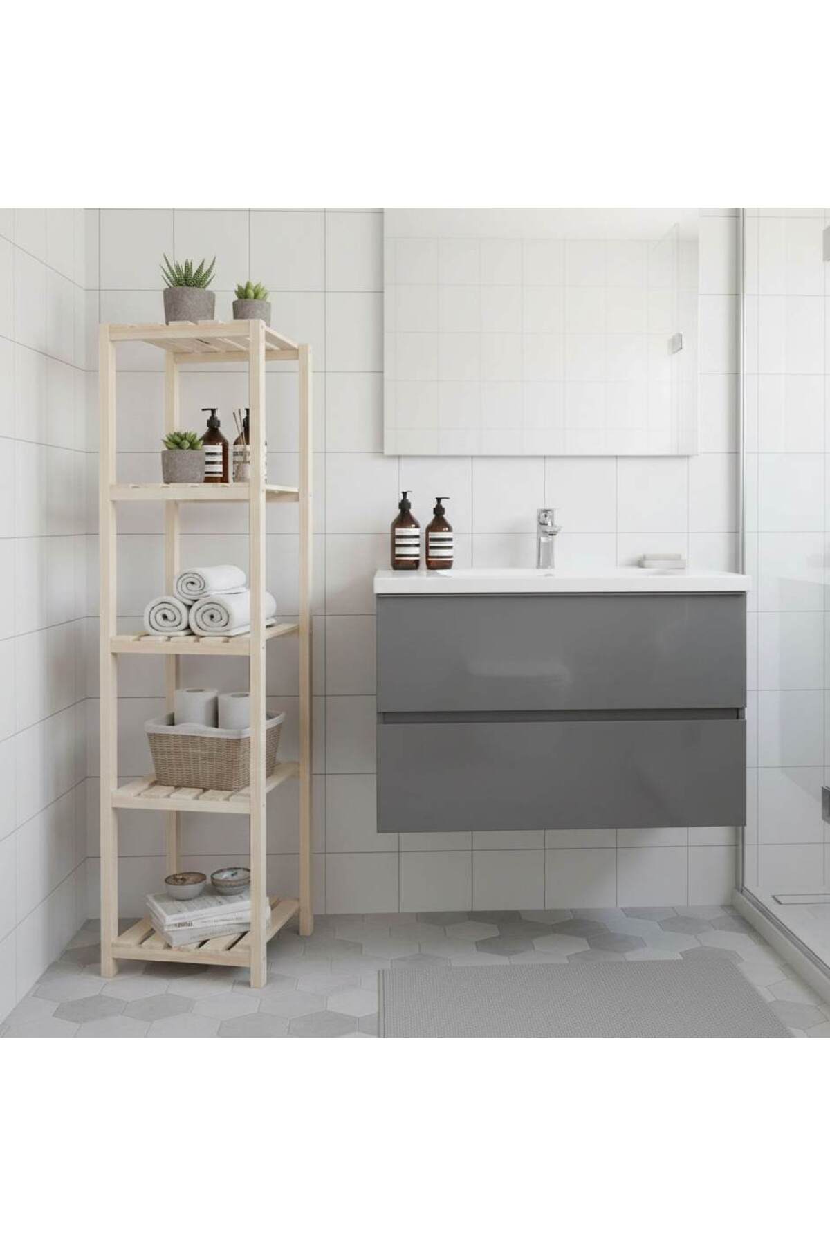 Bien Ahşap Izgaralı 5 Raflı Banyo Rafı