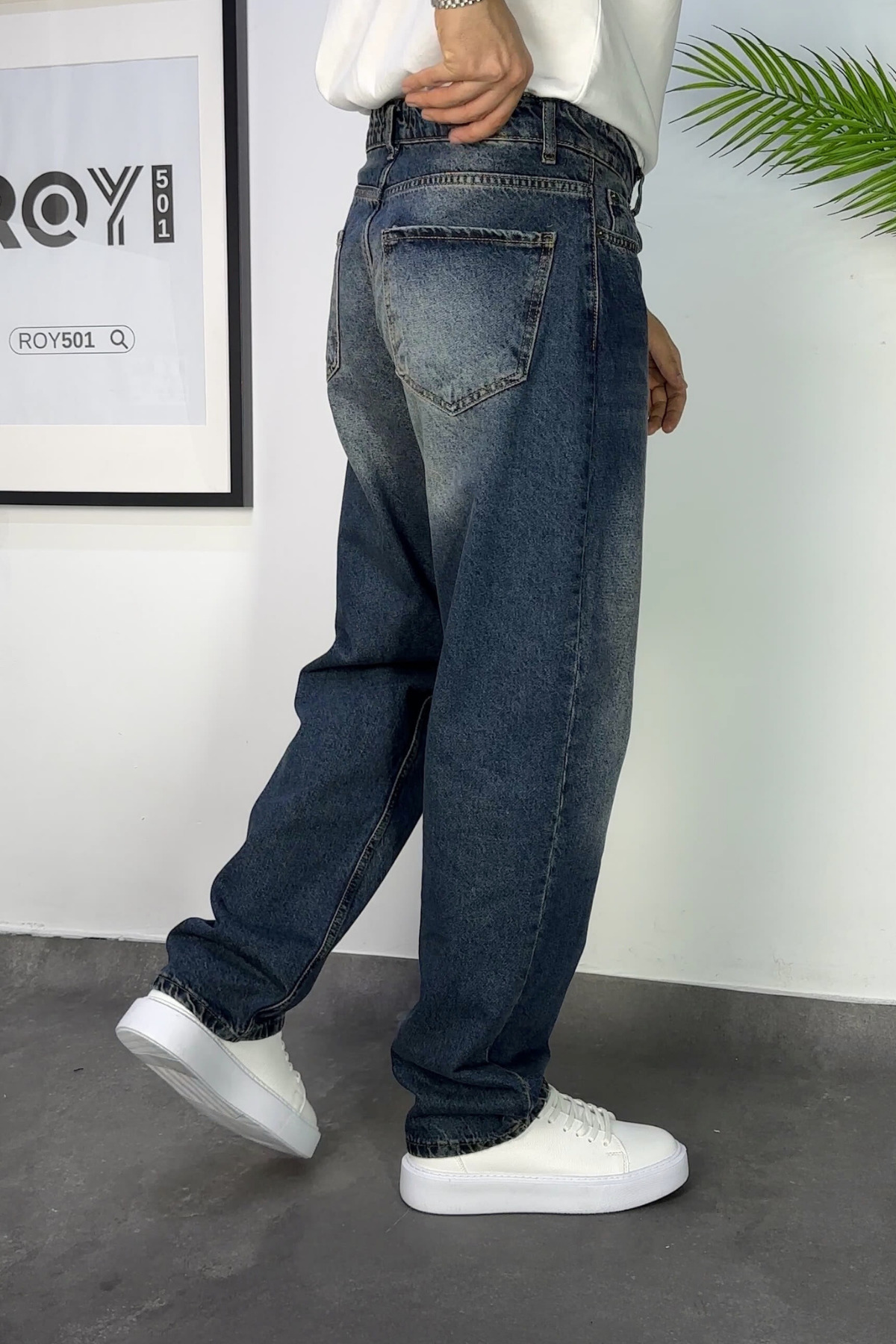 ROY501  Erkek Baggy Pantolon Bol Paça Haki Yıkamalı Baggy Jeans - Görsel 3