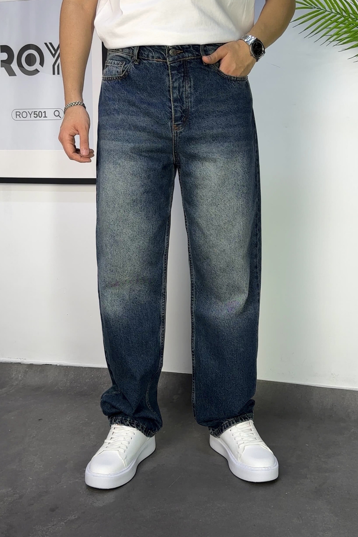 ROY501  Erkek Baggy Pantolon Bol Paça Haki Yıkamalı Baggy Jeans - Görsel 4