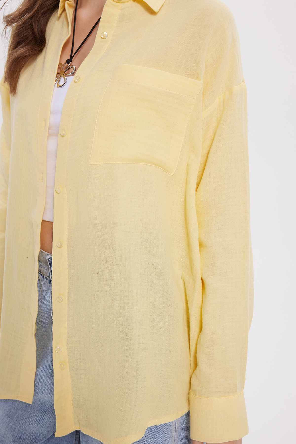 Tudors  Kadın Oversize Geniş Kesim %100 Pamuk Müslin Kumaş Uzun Kollu Cepli Dokulu Sarı Gömlek - Görsel 4