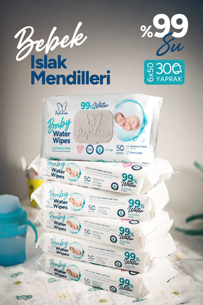 Papilion 6'lı Baby Water Wipes %99 Saf Su Bazlı Bebek Islak Mendil 6x50 – 300...