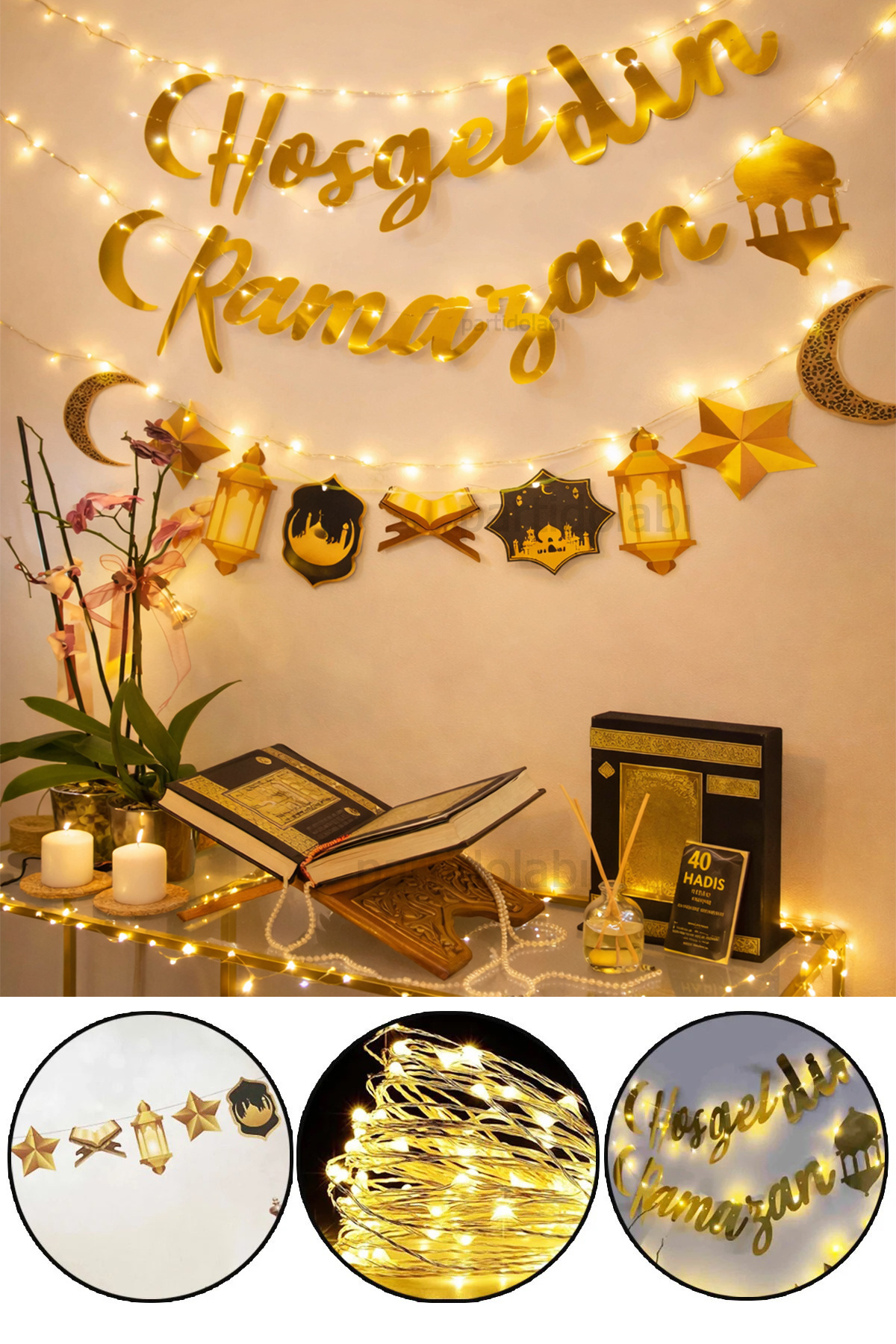 Parti dolabı Ledli Hoşgeldin Ramazan Banner Yazı, Dekoratif Uzar Süs Ay Yıldız Kuran Mahya Cami Temalı Set 140cm