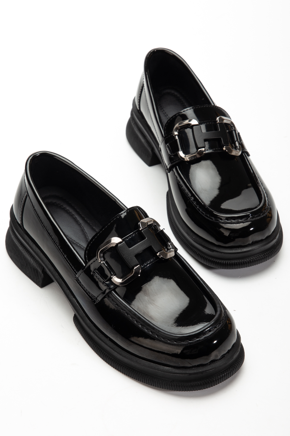 guijarro  Kalın Tabanlı Siyah Rugan H Tokalı Kadın Loafer Ayakkabı - Görsel 6