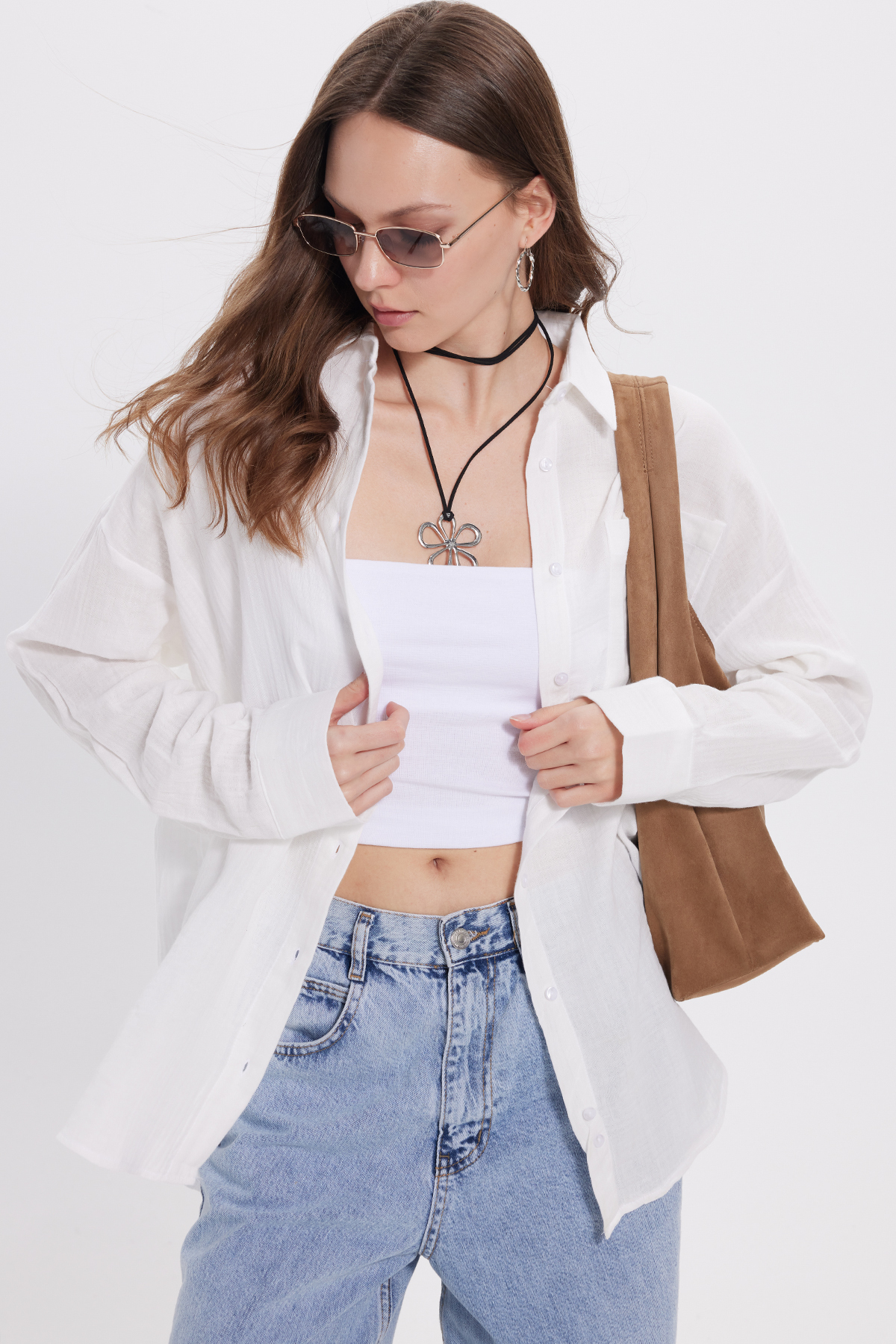 Women's Oversized Wide Cut 100% Cotton Muslin Fabric Long Sleeve Pocket Textured White Shirt