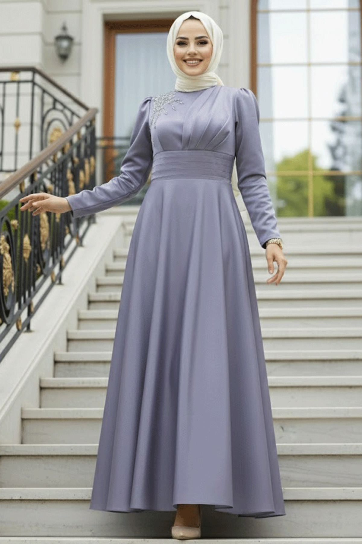grey hijab dress Modest Muslim Women's Ruffled Shoulder Maxi Dress