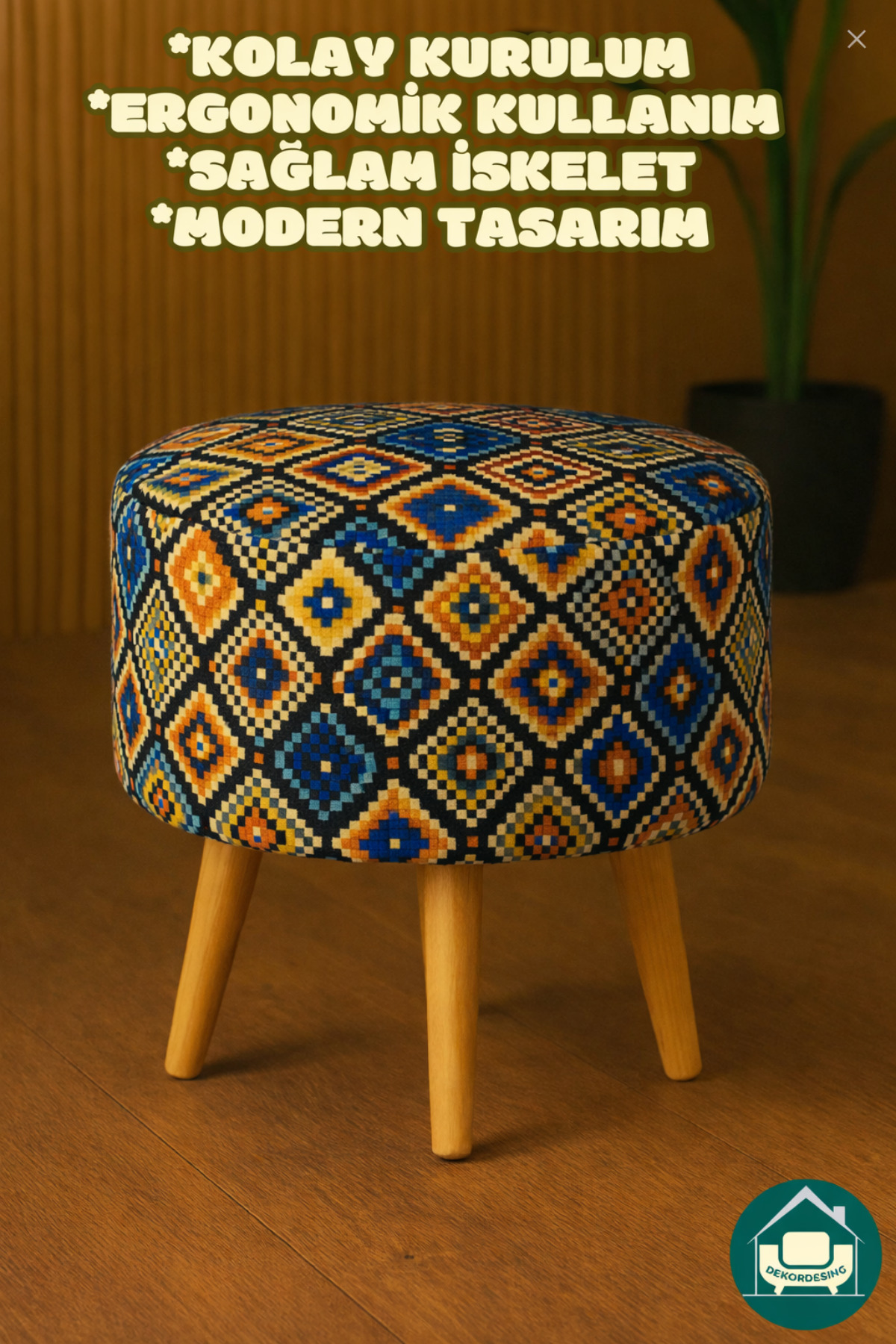 DEKOR MOBİLYACIM Yuvarlak Balkon Mutfak Salon Ayak Uzatma Pufu Gürgen Ayaklı Özel Tasarım Etnik Puf Koltuk