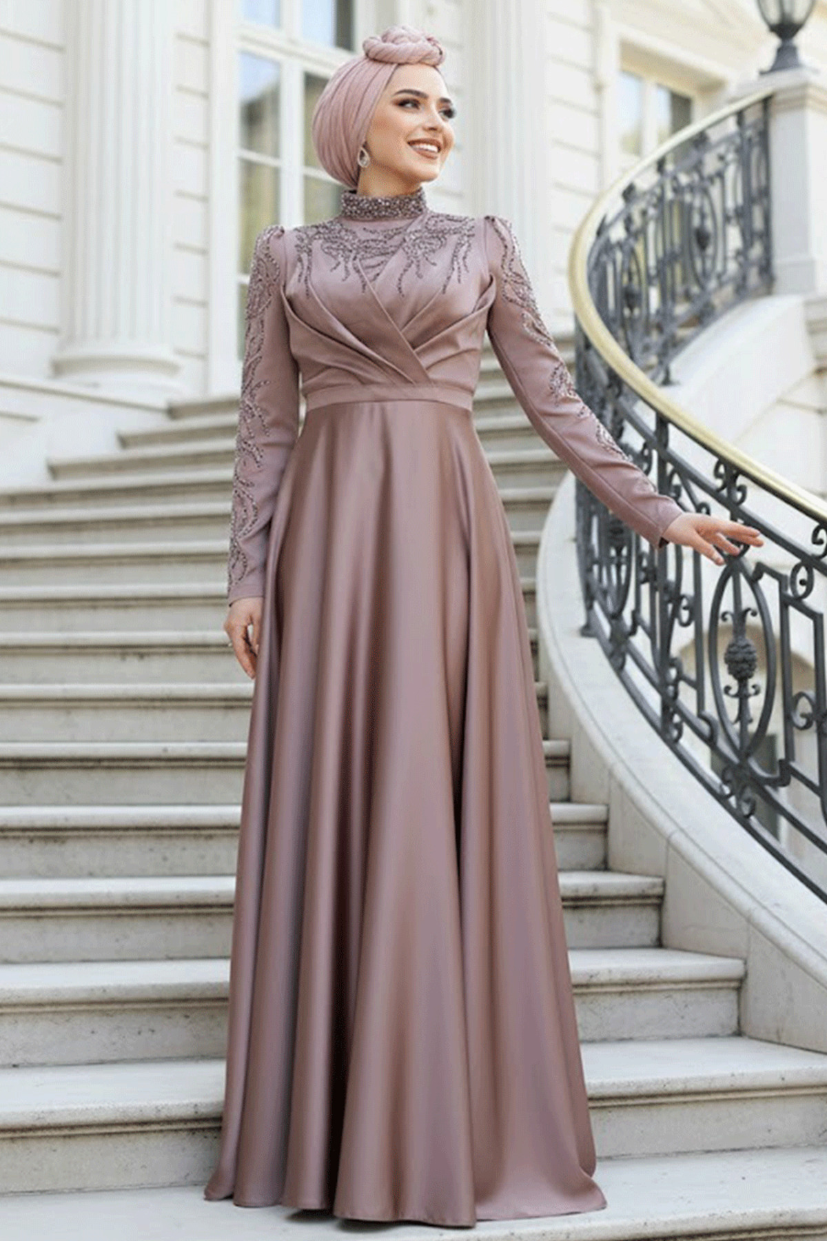 Neva Style Beading Embroidered Dusty Rose Hijab Satin Evening Dress 4433Gk-  Trendyol