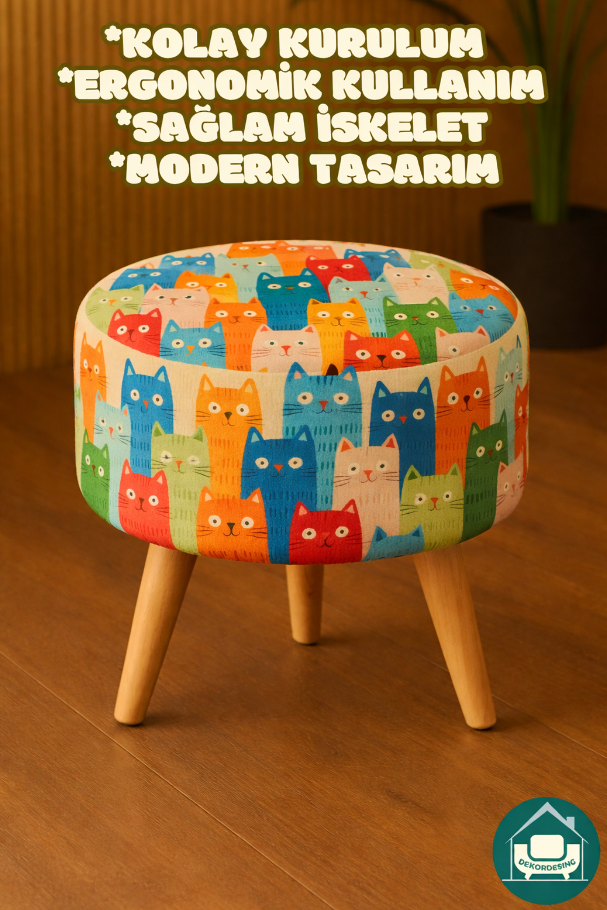 DEKOR MOBİLYACIM Yuvarlak Balkon Mutfak Salon Ayak Uzatma Pufu Gürgen Ayaklı Özel Tasarım Kedili Puf Koltuk