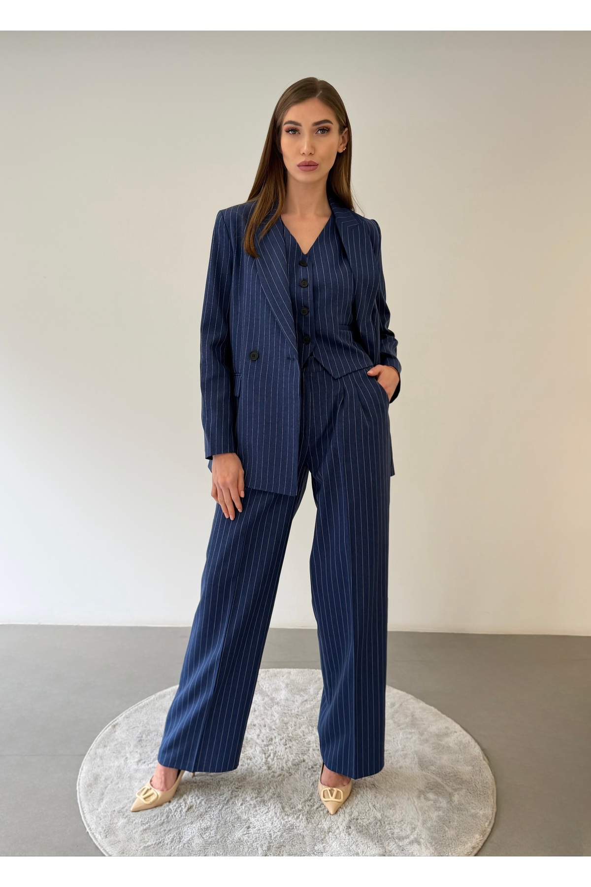 ossons Premium Kadın Çizgili Ceket Yelek Pantolon 3’lü Takım – Modern Ofis Şıklığı