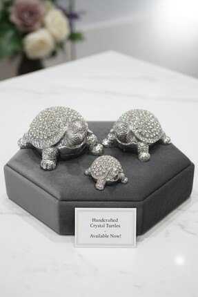 EVİMDM 3’lü Dekoratif Kristal Kaplumbağa Biblo Seti – Gümüş Renk