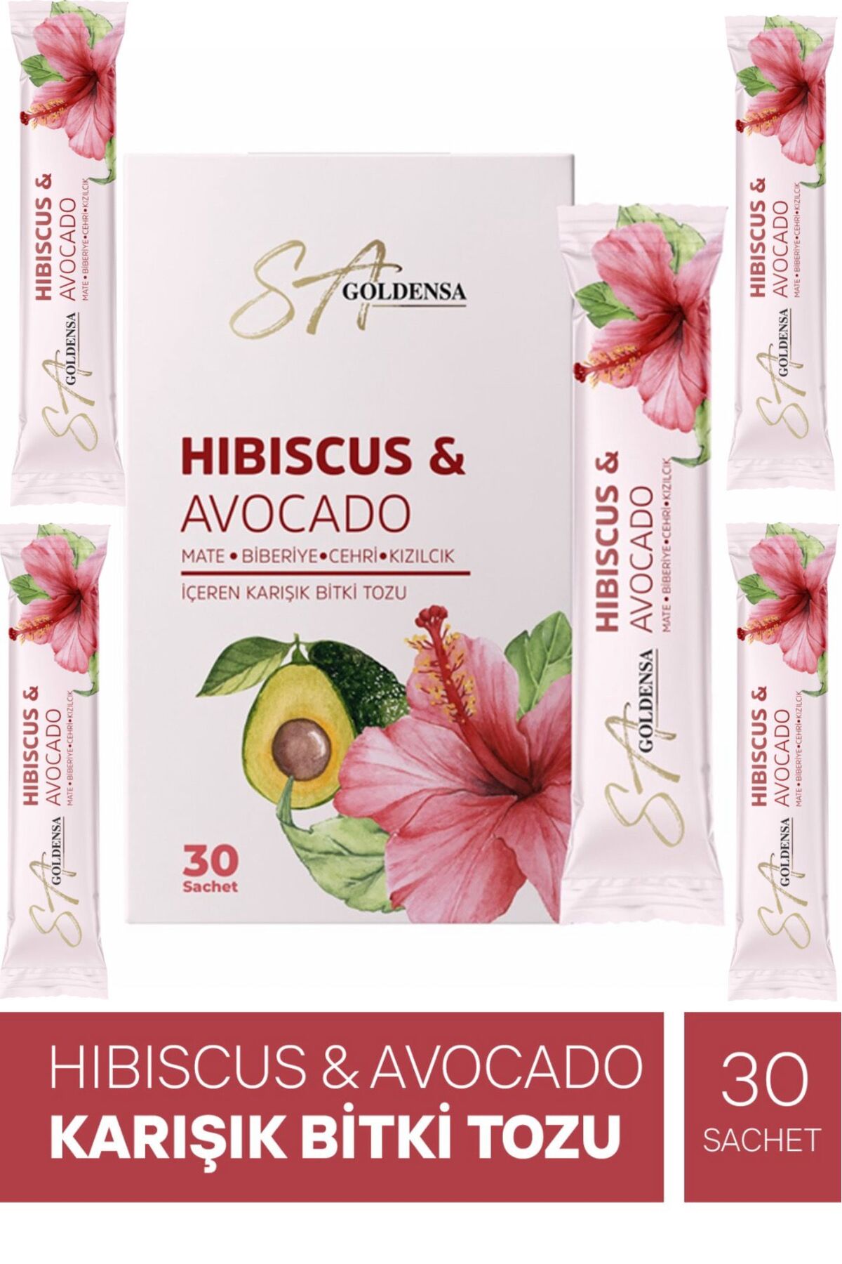 GoldenSa Hibiscus & Avocado Mate, Biberiye, Cehri, Kızılcık İçeren Karışık Bitki Tozu - 30 Saşet