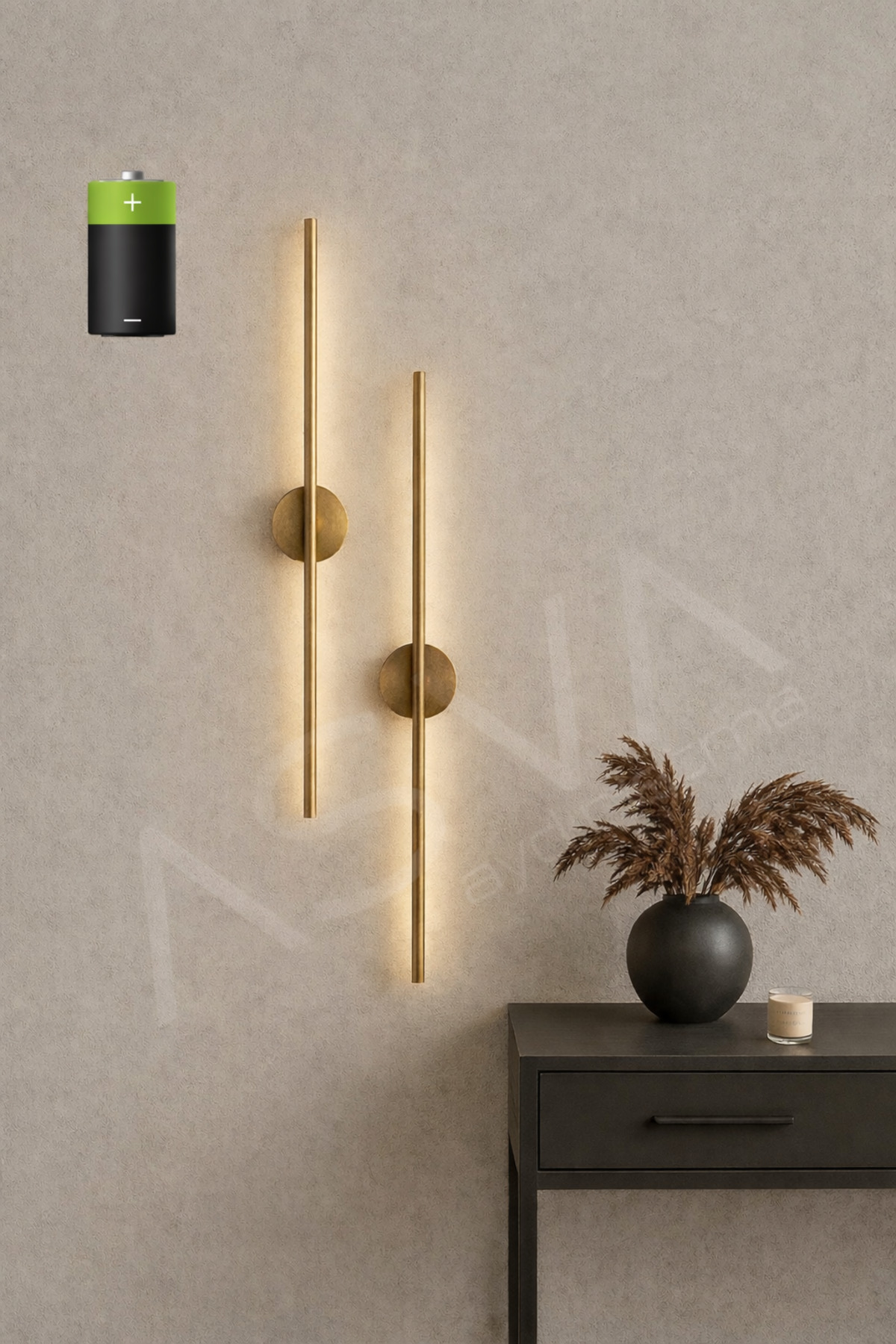 asva aydınlatma 2 Li 50 cm Ortadan Taslı Pilli Aplik Günışığı Led Eskitme Gold Kasa Pil Dahil, Duvar Lambası