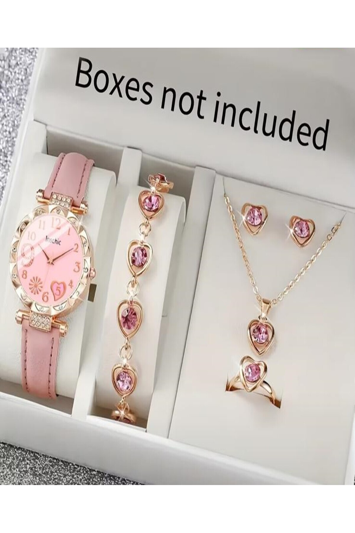 KANERUZ 6 Parça Zarif Kalp Desenli Kuvars Kol Saati, Kolye, Küpe, Yüzük ve Bileklik Seti