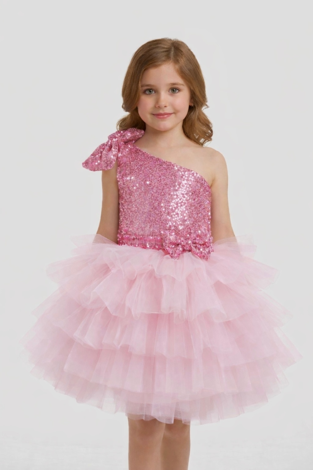 babysmile Tek omuz pembe kız çocuk elbisesi