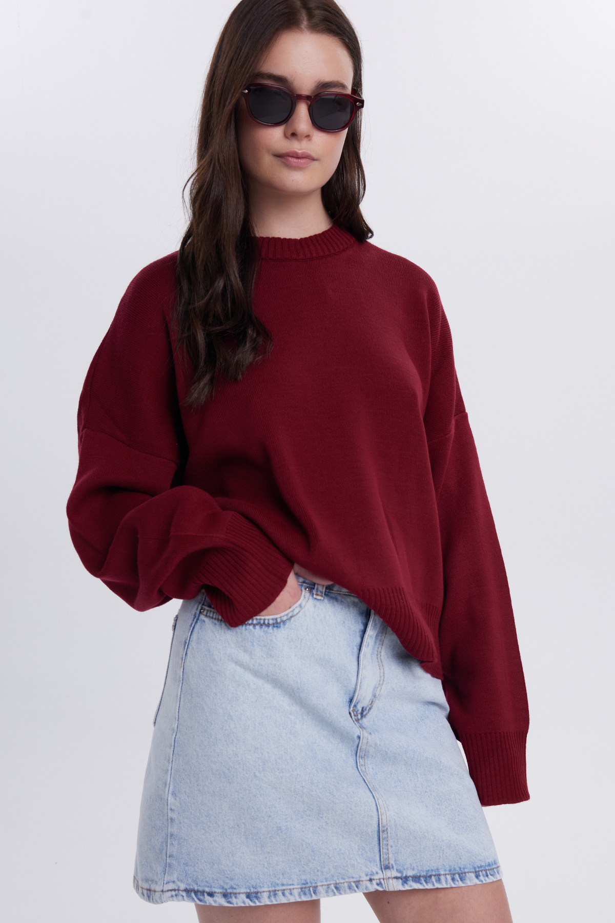 Tudors  Kadın Oversize Geniş Kesim Bisiklet Yaka Bordo Kazak - Görsel 2