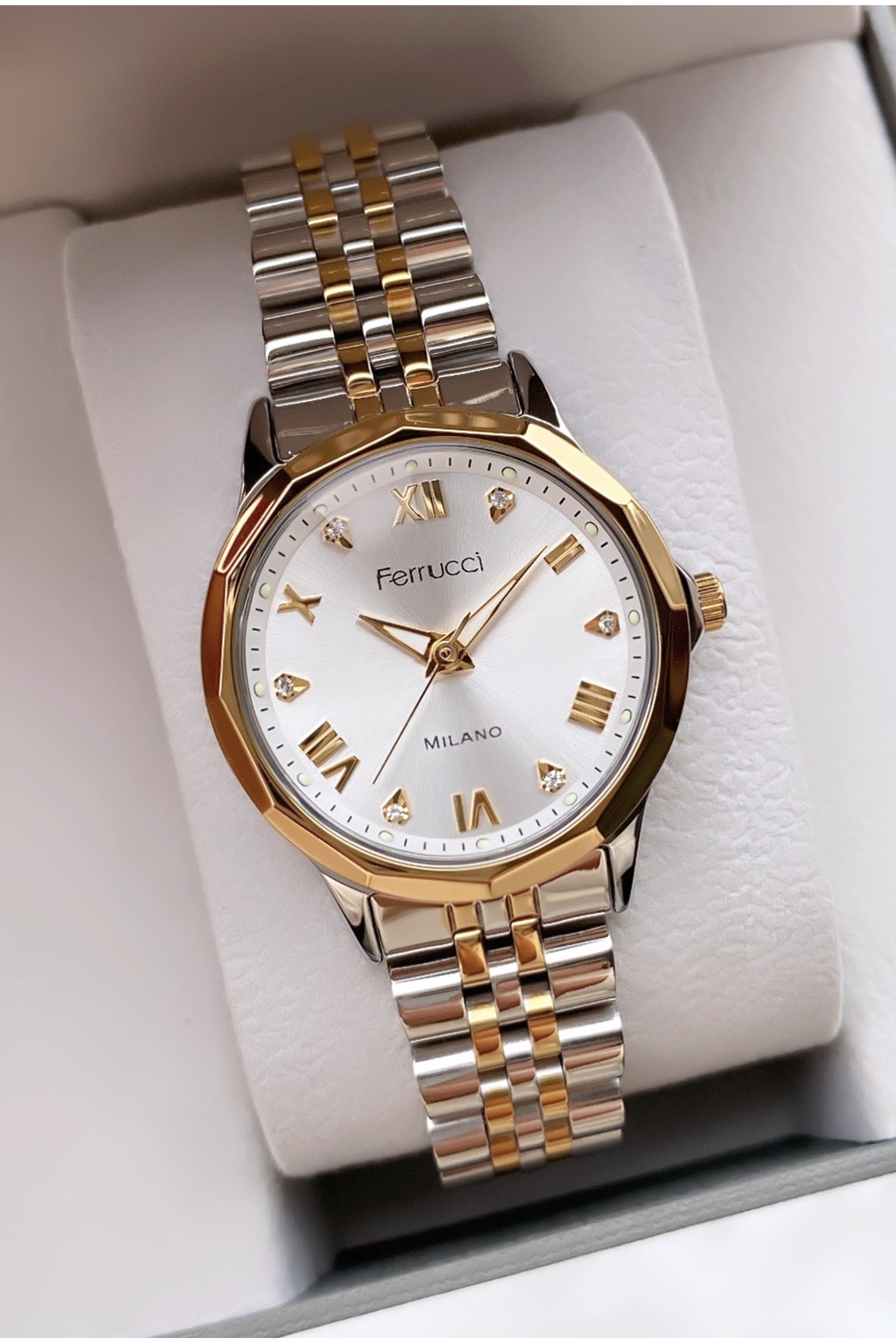 Ferrucci Marka Sarı Gümüş Renk Çelik Kordon 2 Yıl Garantili Kadın Kol Saati - Bileklik