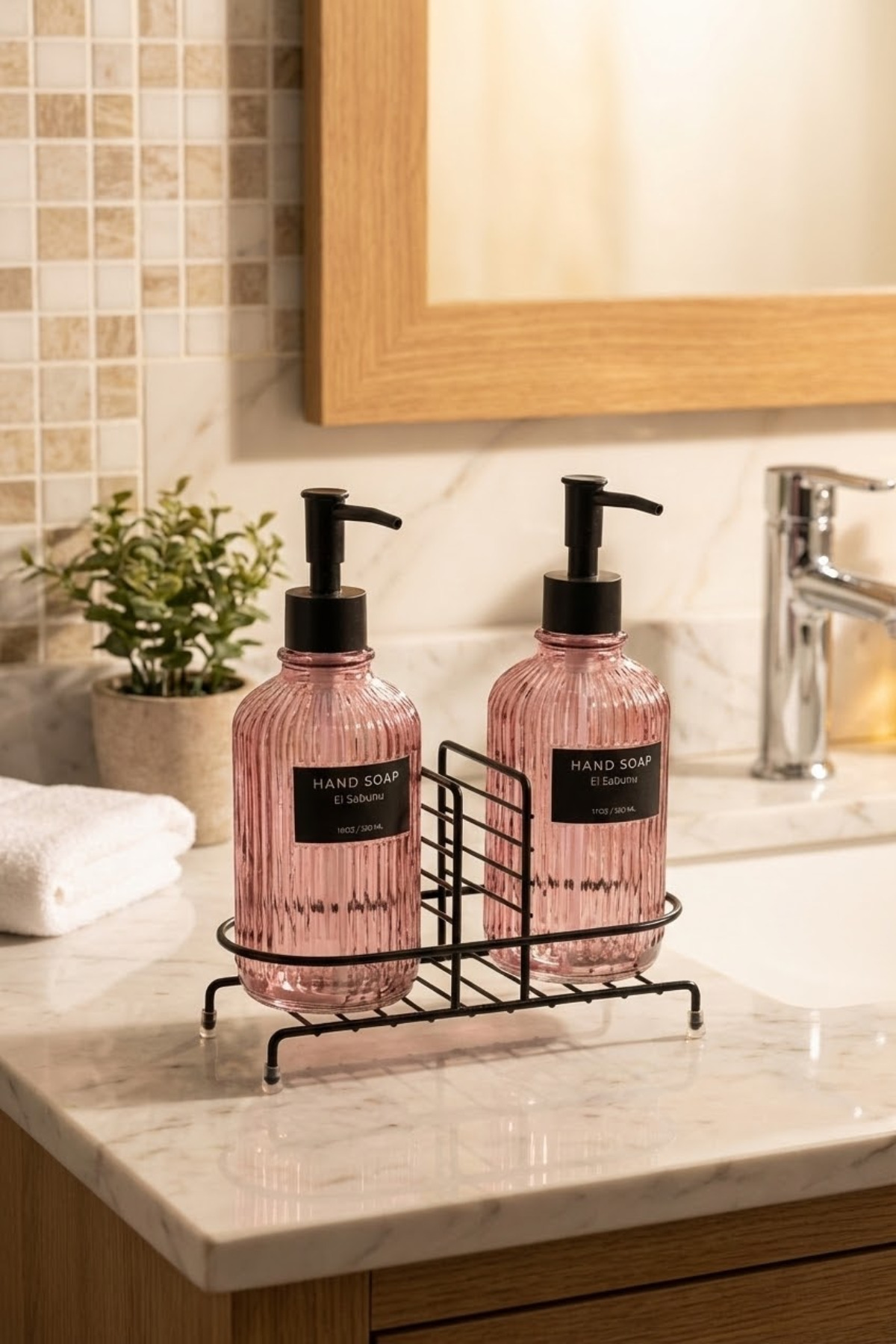 Modern Striped Round Glass Double Liquid Soap Dispenser & Detergent Set, Pink- 500 Ml Glass Soap Dispenser