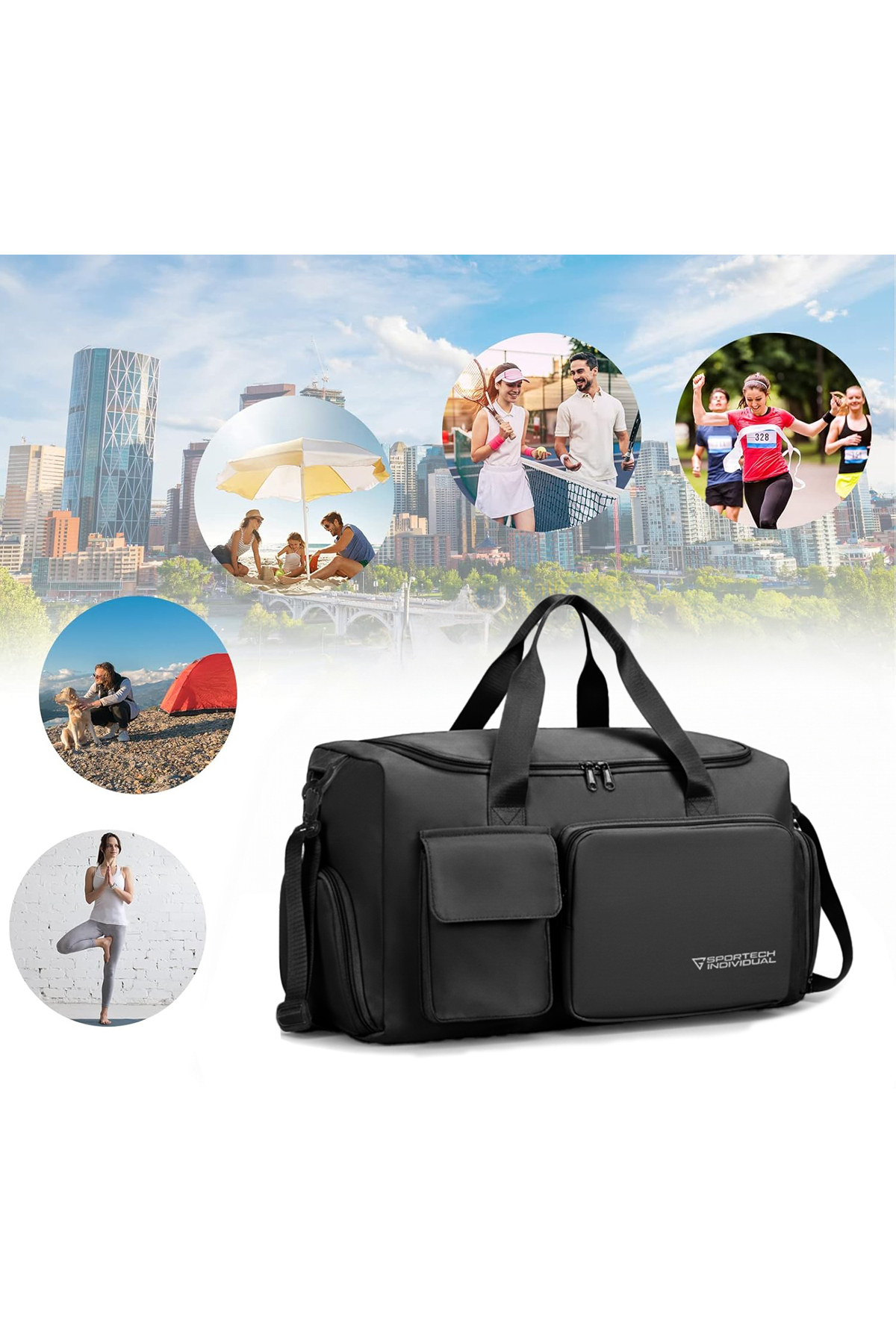 Ghassy Co  Unisex Ayakkabı Bölmeli Askılı Fonksiyonel Cepli Geniş Seyahat Fitness El ve Spor Çantası - Görsel 4