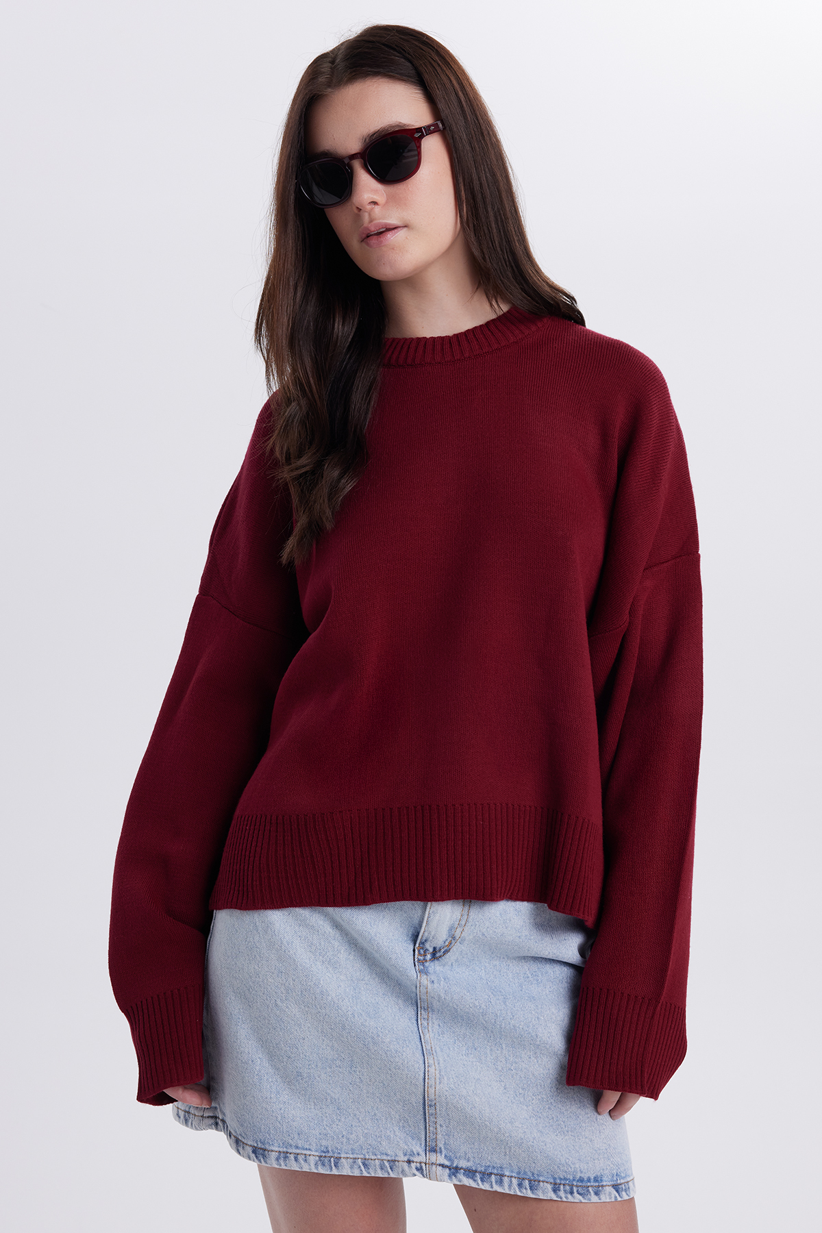 Tudors  Kadın Oversize Geniş Kesim Bisiklet Yaka Bordo Kazak - Görsel 5