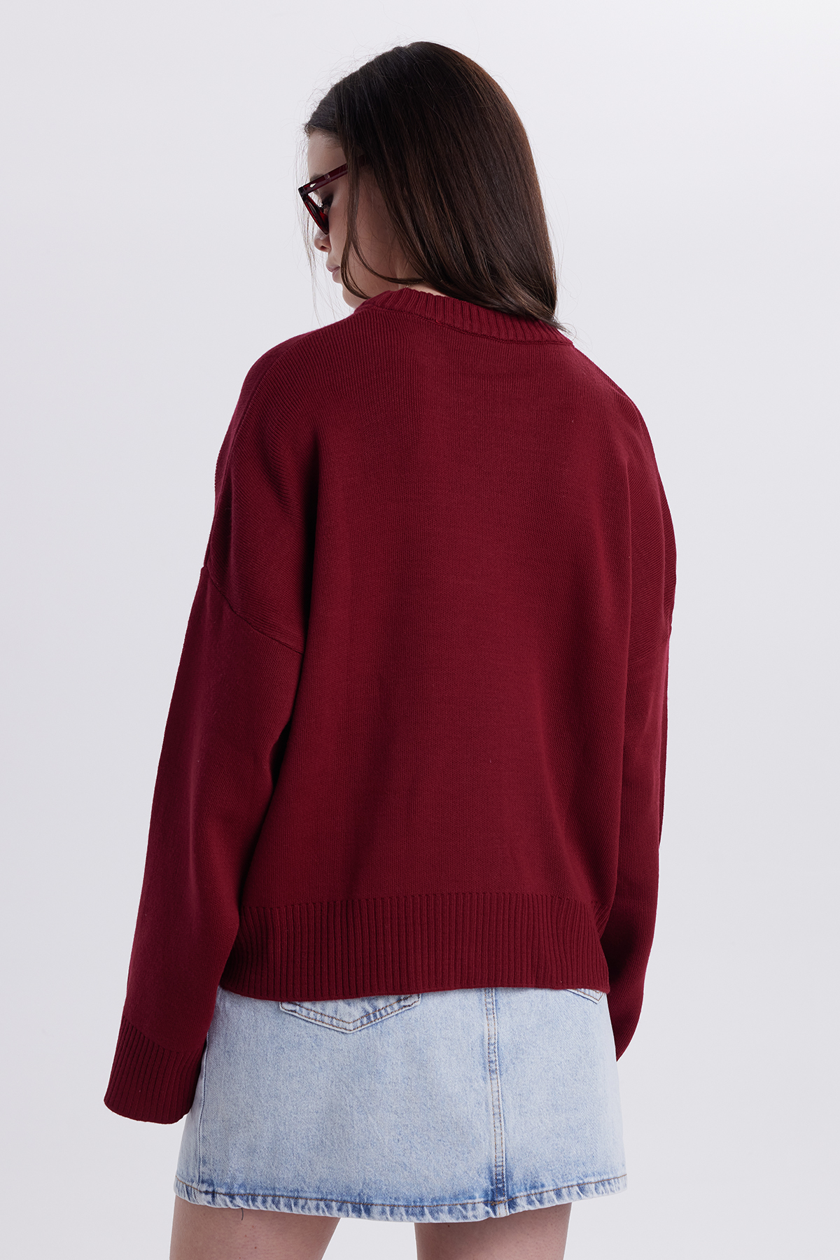 Tudors  Kadın Oversize Geniş Kesim Bisiklet Yaka Bordo Kazak - Görsel 7