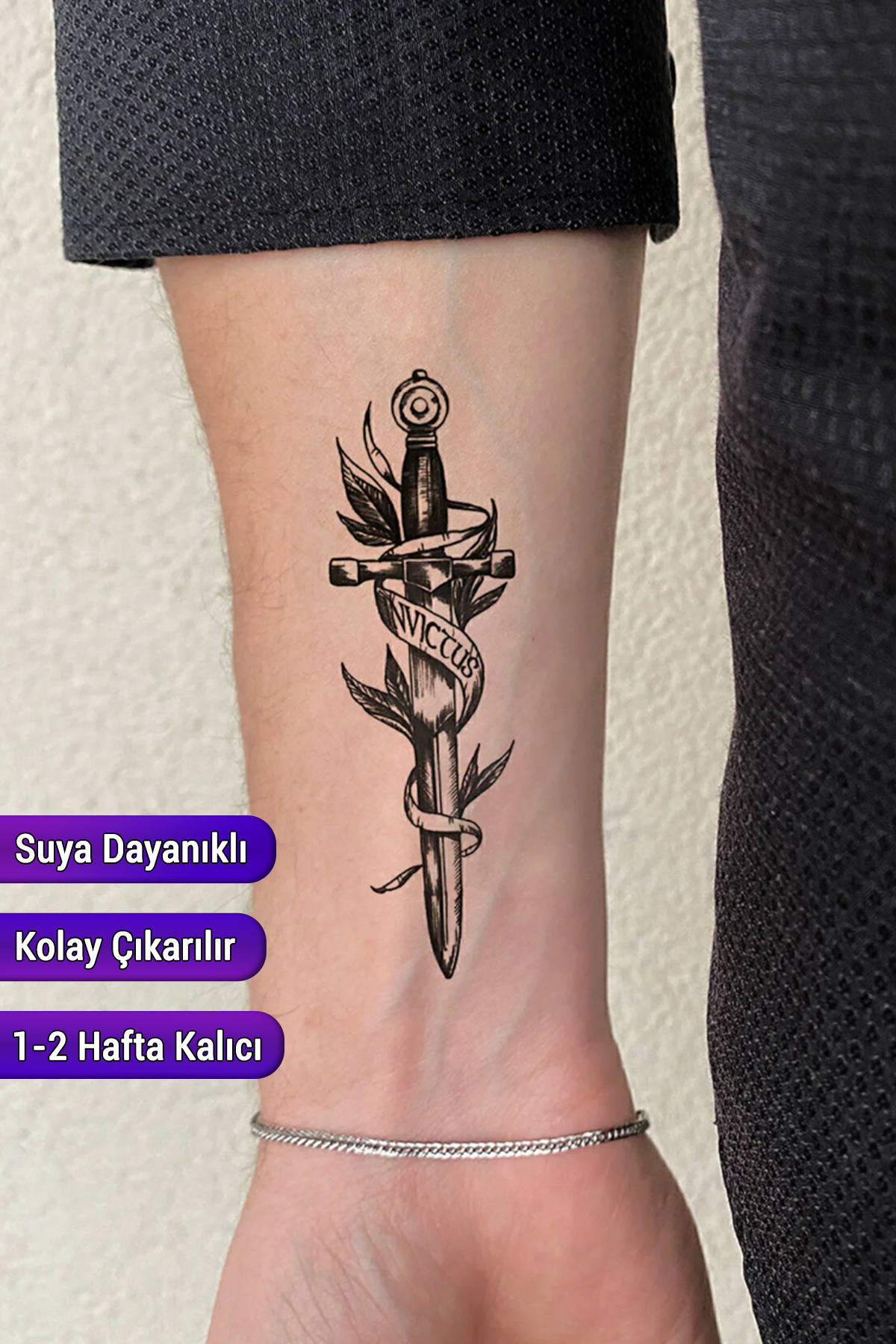 BiWini Invictus Kılıç Geçici Dövme Bilek Boyun Kol Bacak Ve Göğüs Arası Kadın Erkek