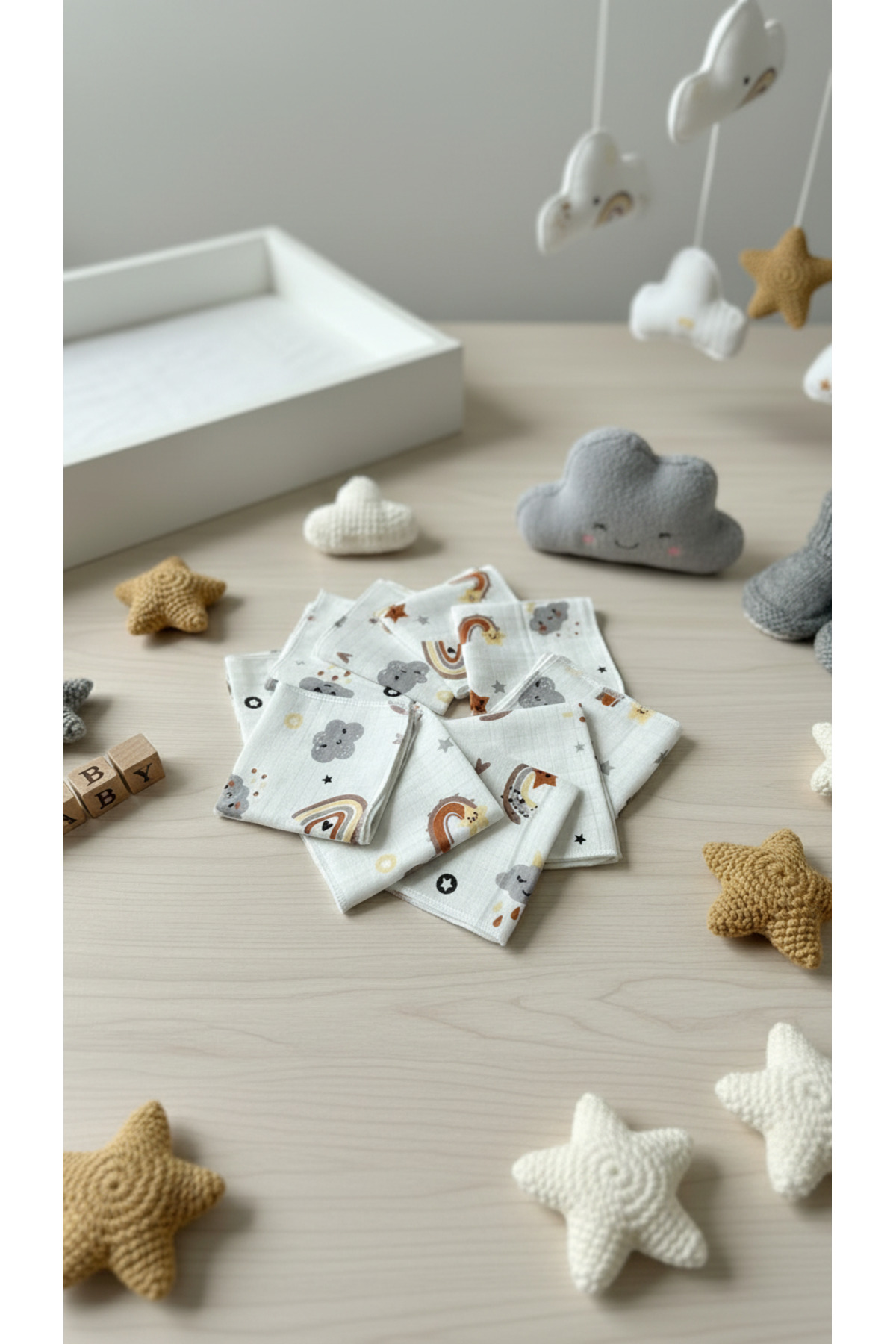 Deko Dekor 10'lu Desenli Müslin Bebek Ağız Mendili %100 Pamuk 25x25 Cm