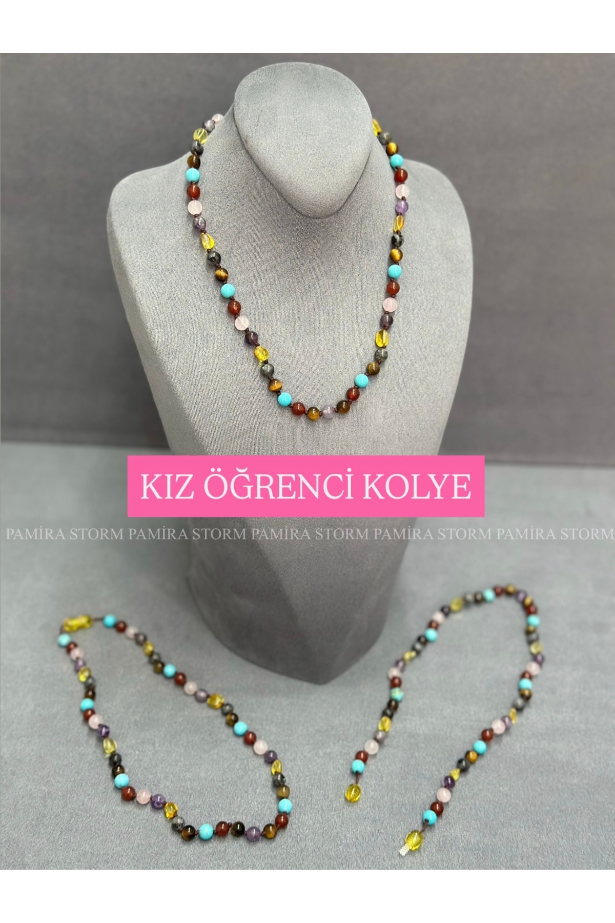 NATURAL STONE STUDENT SUCCESS FOCUS NECKLACE - CAPPUCCINO - LAPİS- AMBER- TURQUOISE-AGATE-ONIX