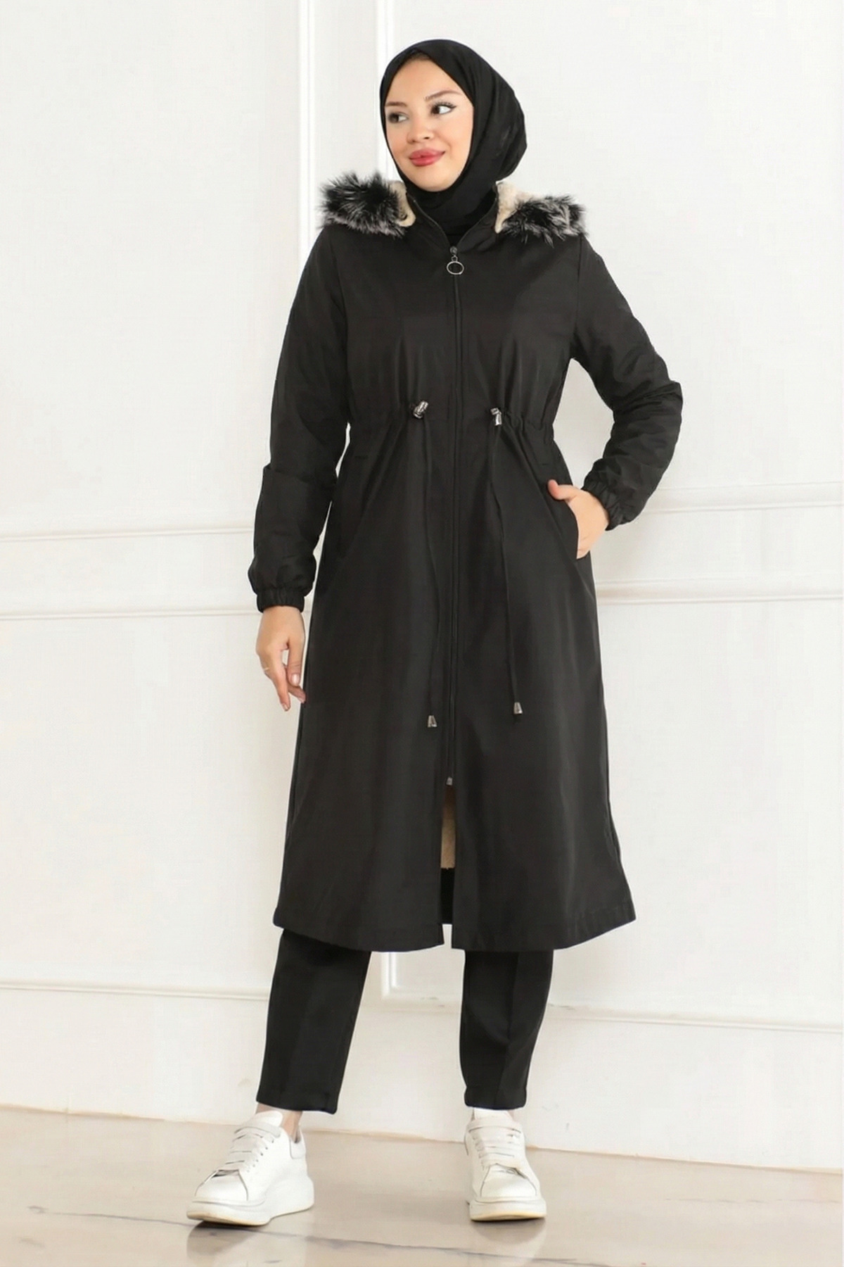 nacar çarşı  Kadın Bonded Kumaş İçi Kürklü Fermuarlı Siyah Kışlık Mont - Görsel 8