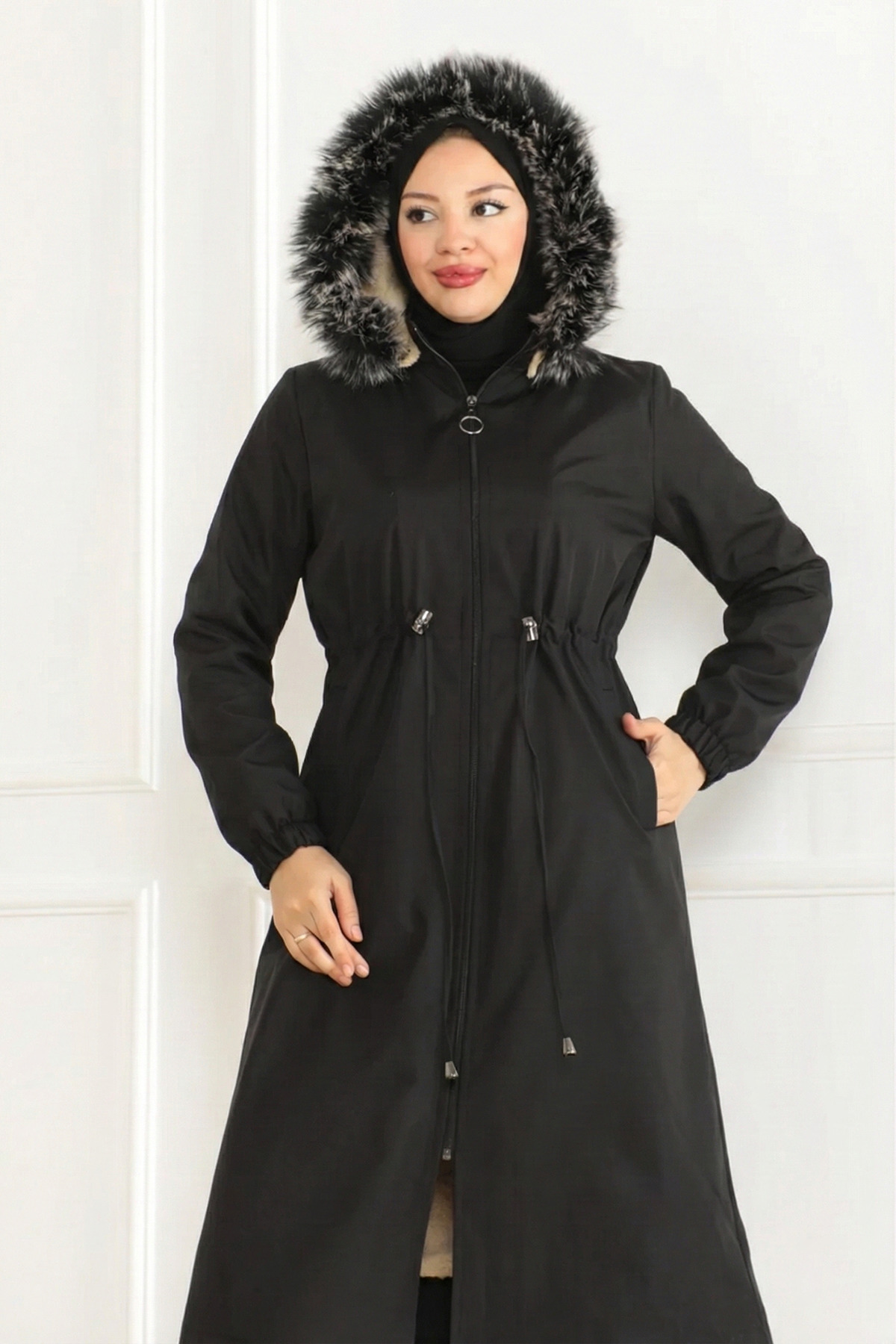 nacar çarşı  Kadın Bonded Kumaş İçi Kürklü Fermuarlı Siyah Kışlık Mont - Görsel 5