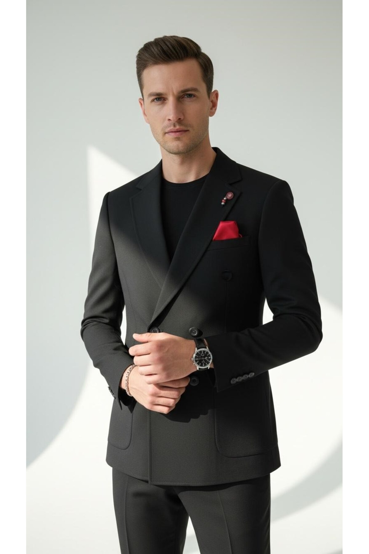 Plus Scorpion Men's Combed Cotton Fabric Double-Breasted Blazer Jacket – 4 Button Mono Collar, Pocket with Flap, Double Slit Stylish Design
