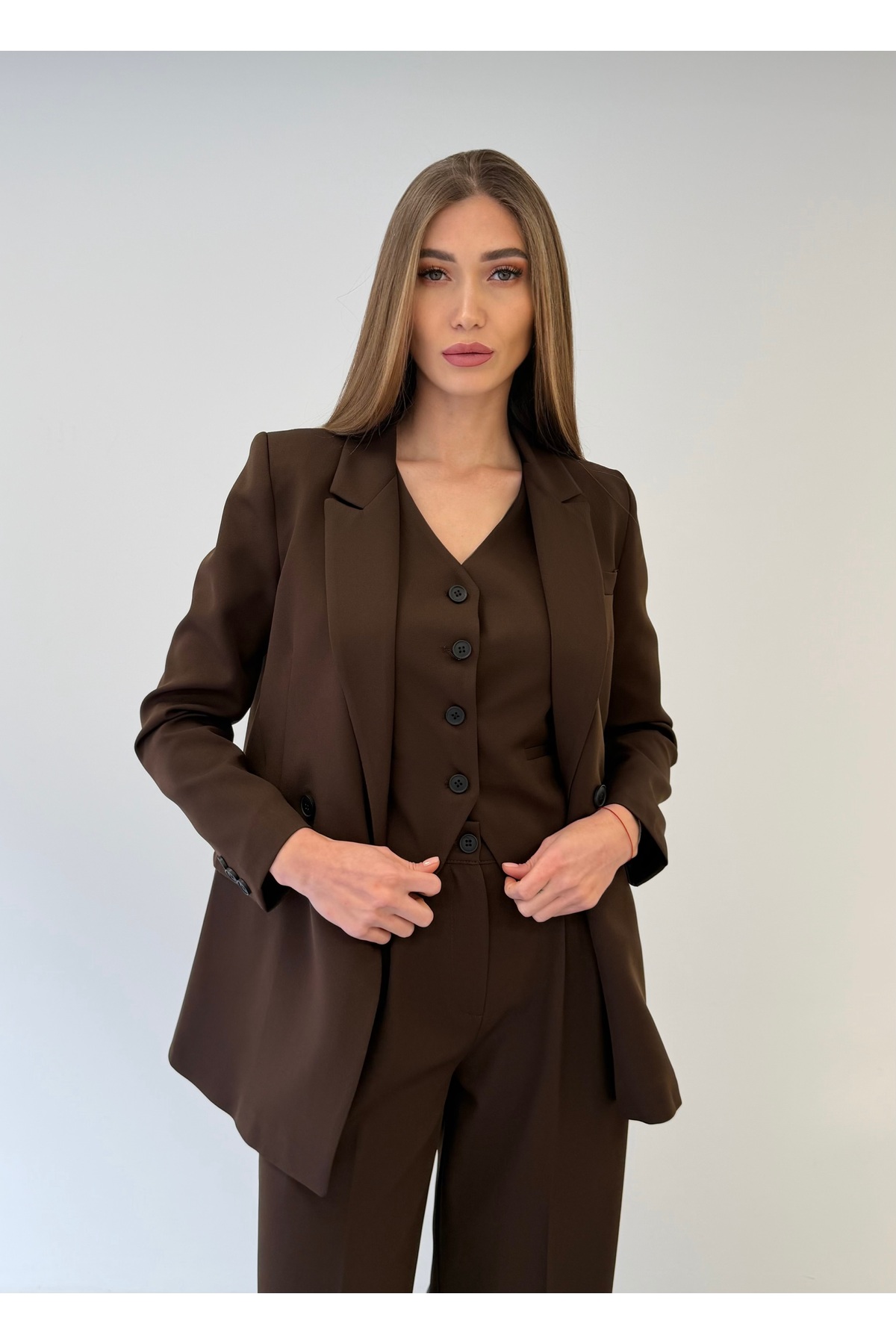 ossons Limited Edition Kadın Ceket Yelek Palazzo Pantolon 3’lü Takım – Ofis & Şık Kombin