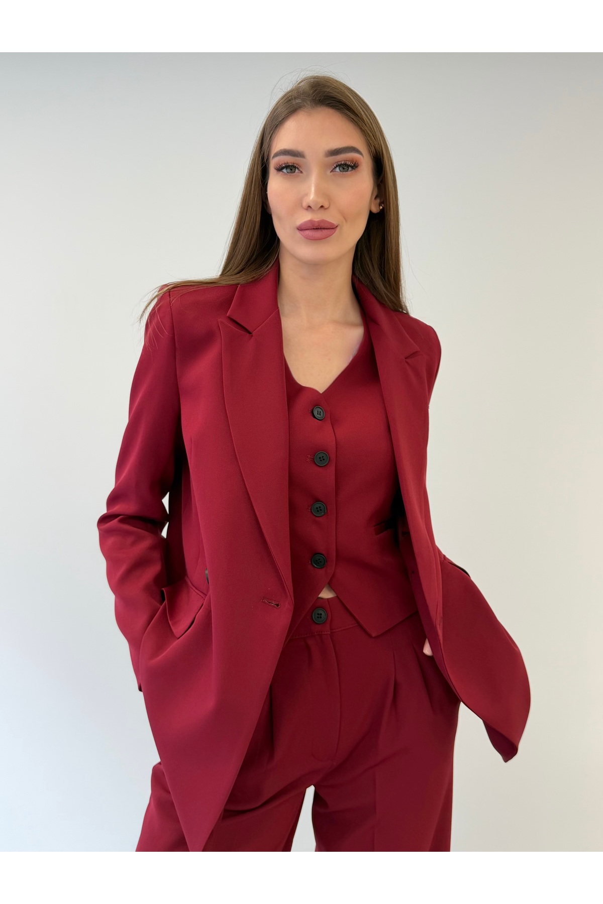 ست 3 تکه جلیقه زنانه جلیقه زنانه Palazzo شلوار Claret قرمز – ترکیب اداری و شیک 4