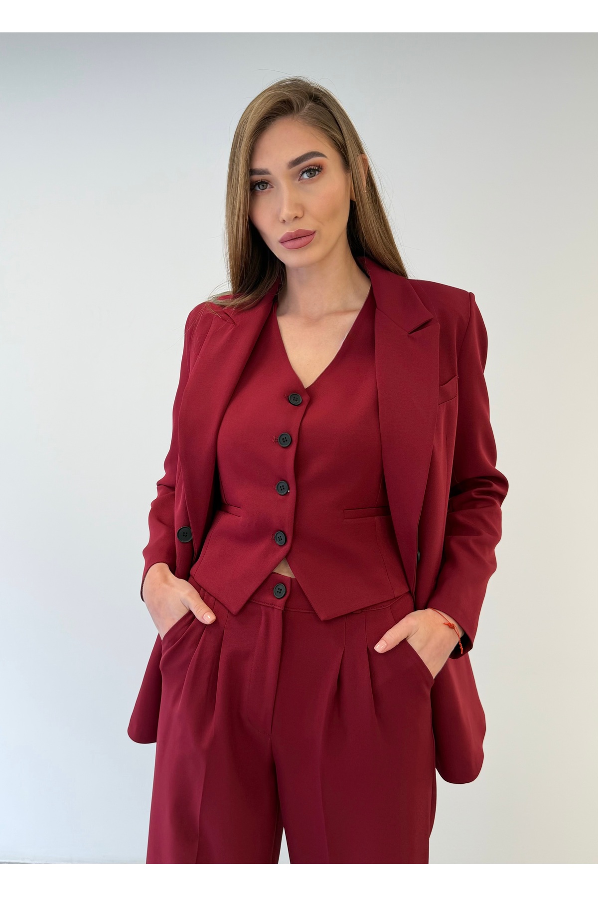 ossons Limited Edition Kadın Ceket Yelek Palazzo Pantolon 3’lü Takım – Ofis & Şık Kombin