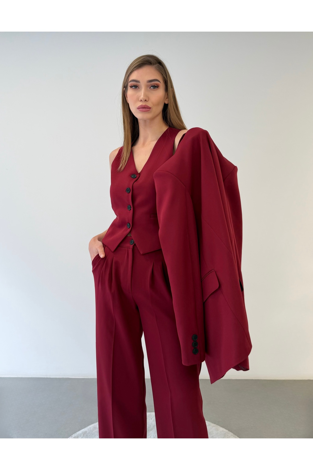 ست 3 تکه جلیقه زنانه جلیقه زنانه Palazzo شلوار Claret قرمز – ترکیب اداری و شیک 7