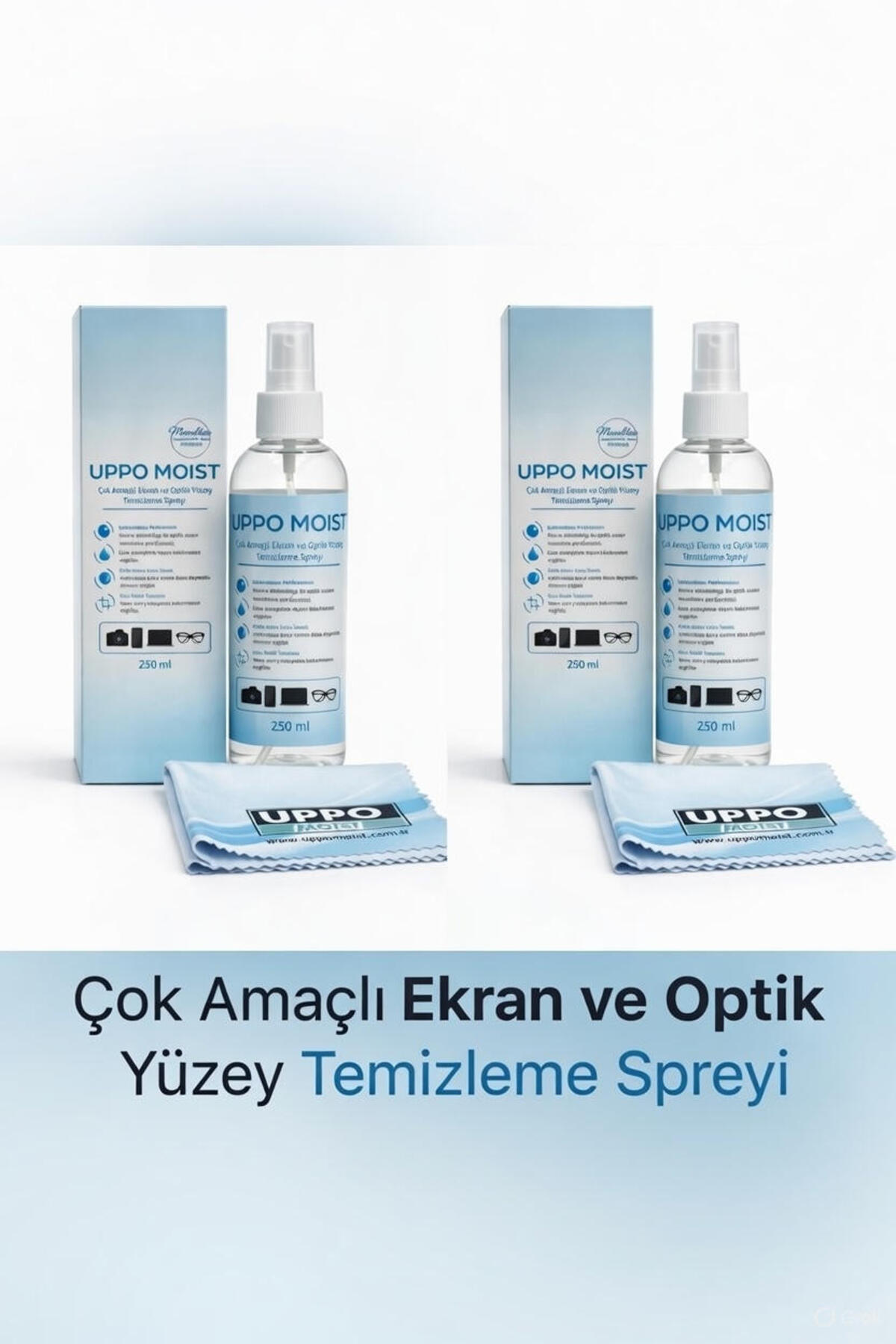 UPPO MOİST 250 ml X2 adet Çok amaçlı ekran ve optik yüzey temizleyici spreyi ipek bez 20x20 hediye