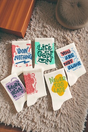 Esinti 6 Çift Unisex Renkli Kaligrafi Desenli Soket Çorap Desenli Beyaz Kolej...