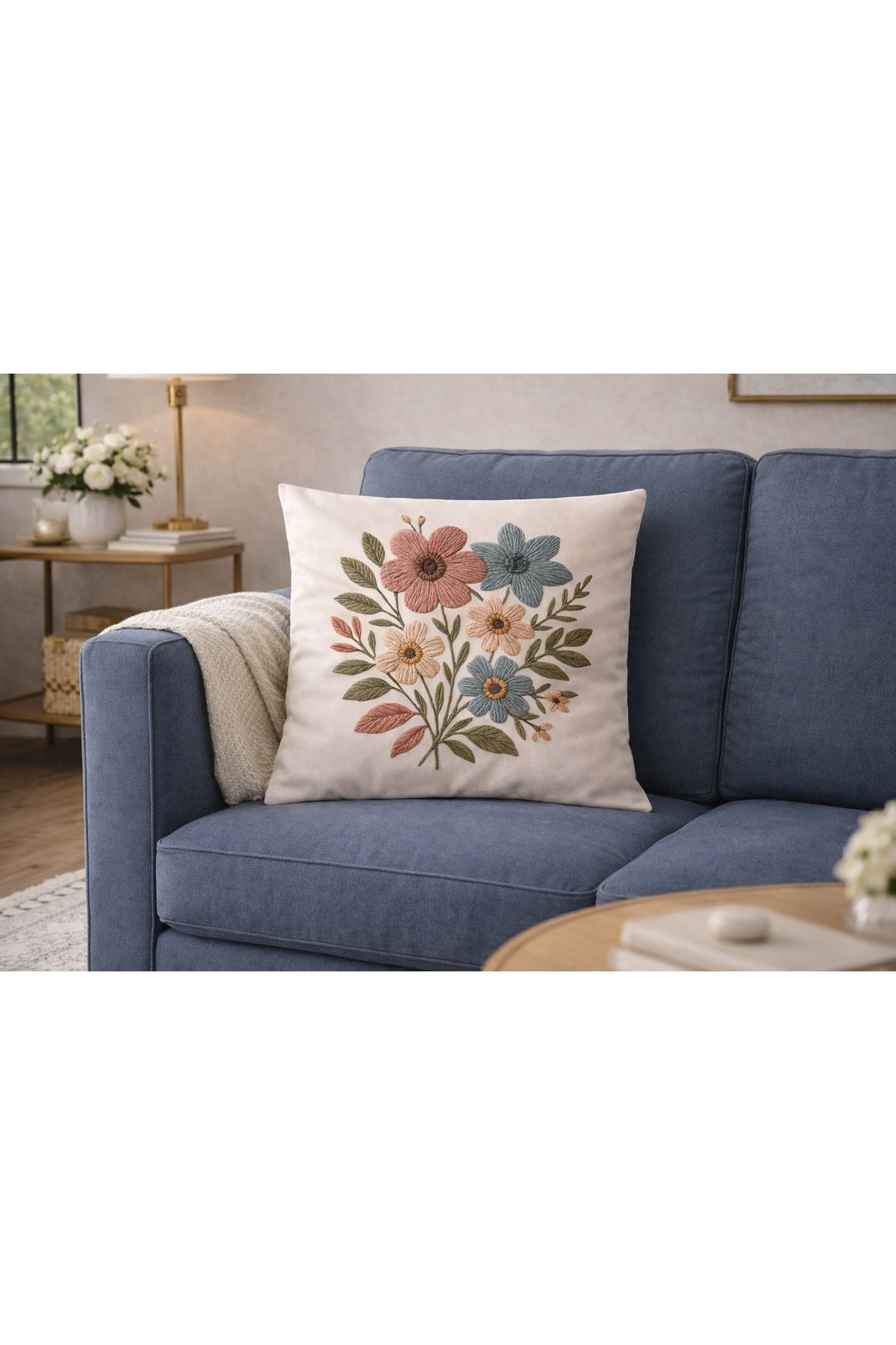 MİNOZA Digital Baskılı Punch Nakış Görünümlü Çiçekli Dekoratif Kırlent Kılıfı 1 Adet