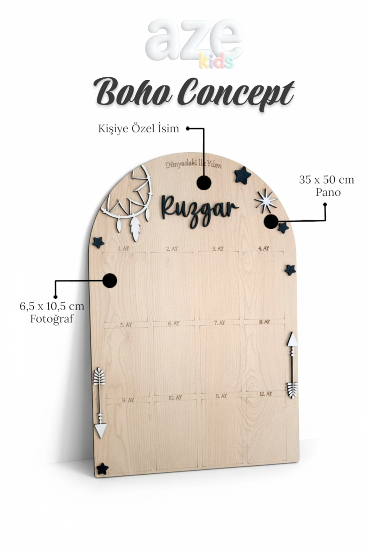aze kids 1 Yaş 12 Ay Doğumgünü Kişiye Özel 3D Boho Temalı Ahşap Fotoğraf Panosu Büyük Boy fotoğrafı 3 (önizleme)