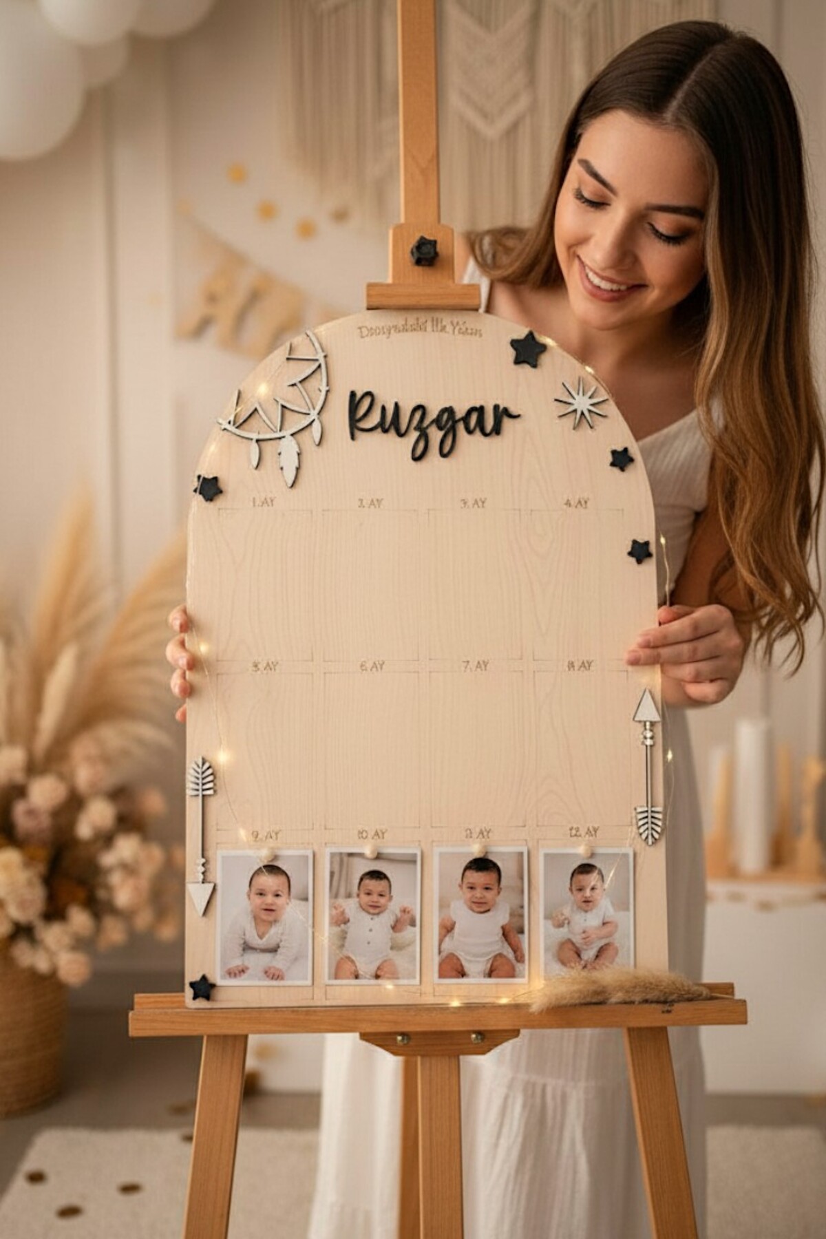 aze kids 1 Yaş 12 Ay Doğumgünü Kişiye Özel 3D Boho Temalı Ahşap Fotoğraf Panosu Büyük Boy fotoğrafı 2 (önizleme)